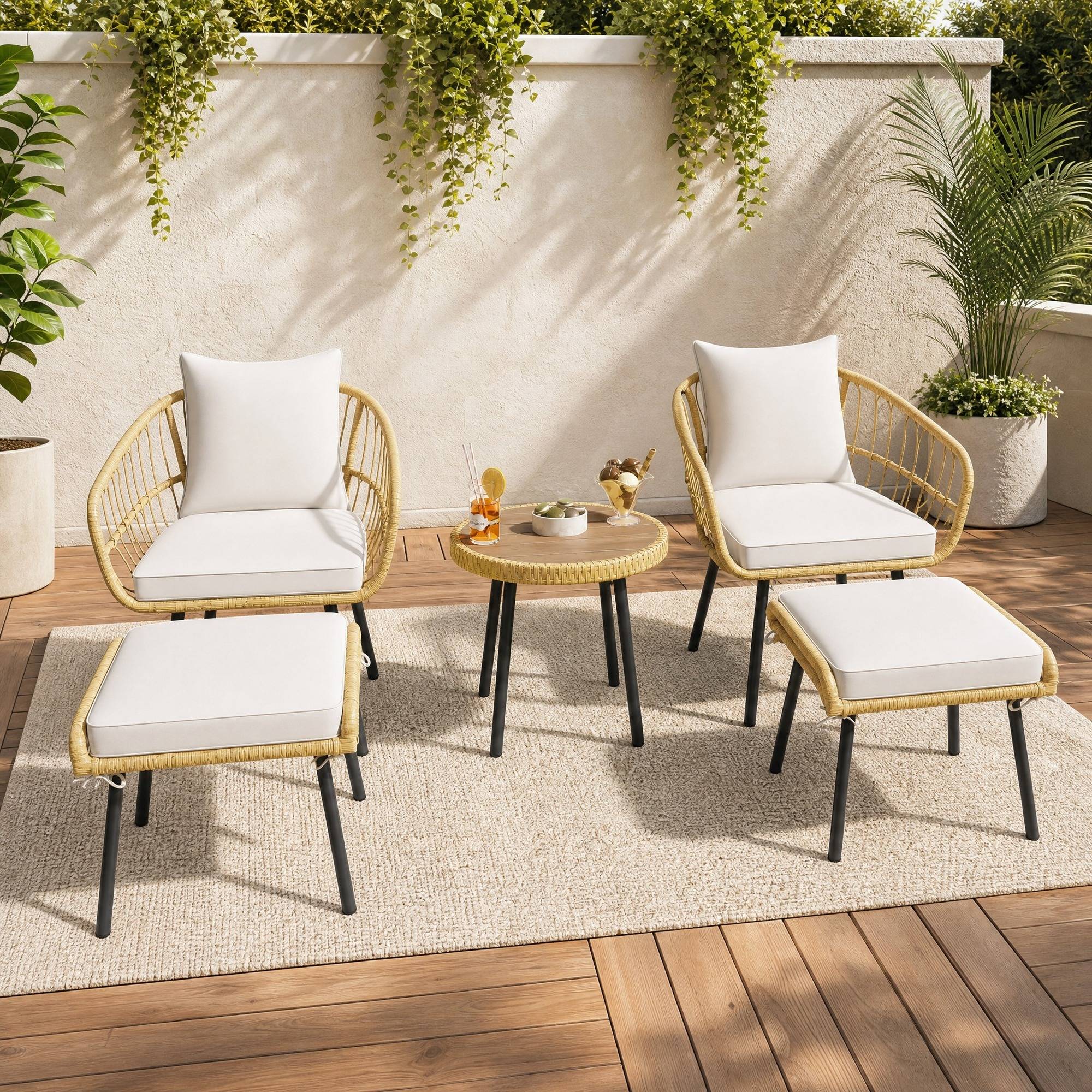 Salon de Jardin avec 2 Chaises 2 Hockers et 1 Table pour terrasse Tissu Blanc et Naturel - Image 4