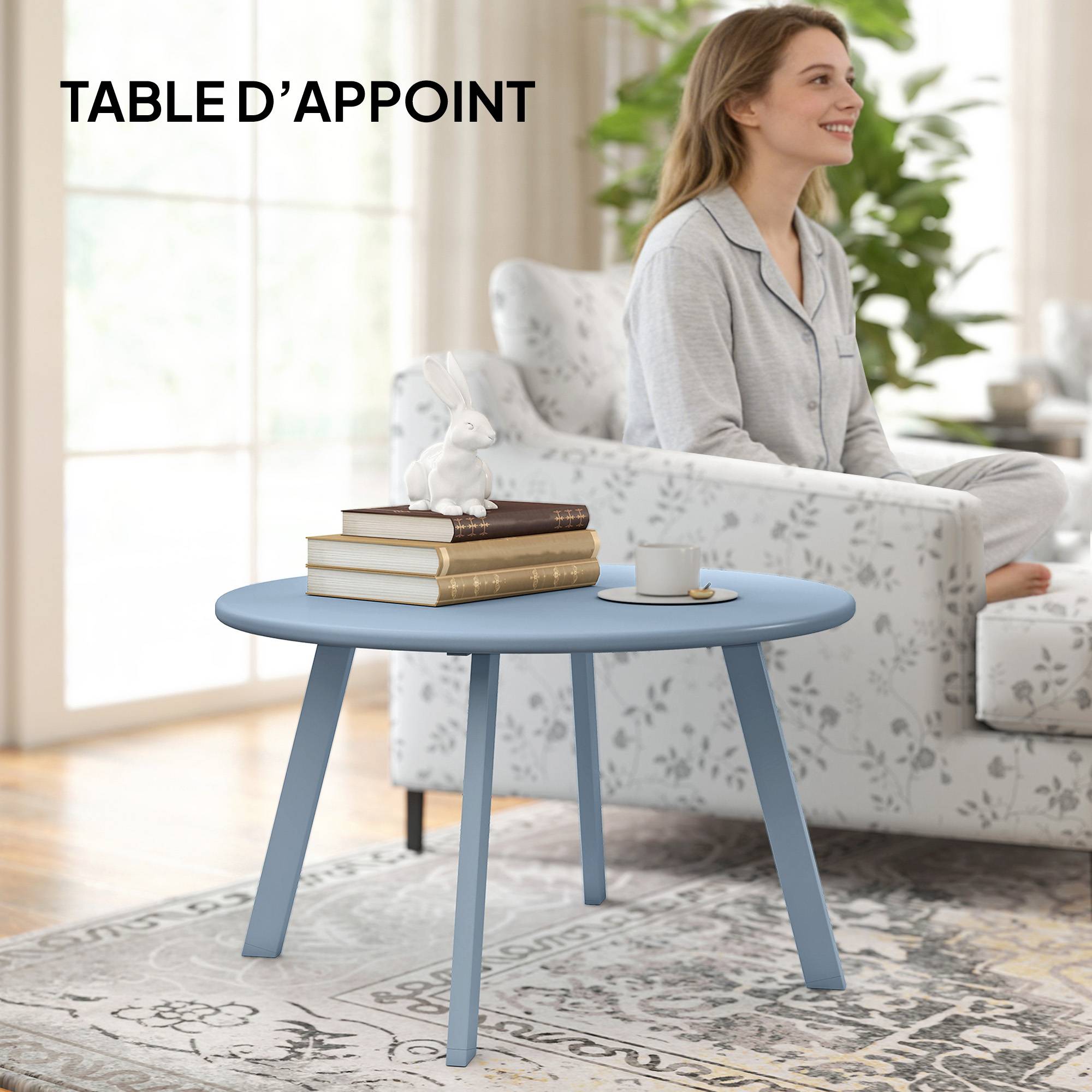 Petite table basse ronde, table d'appoint avec patins antidérapants, cadre en métal, pour jardin, Ø 70 x 42 cm, bleu - Image 9