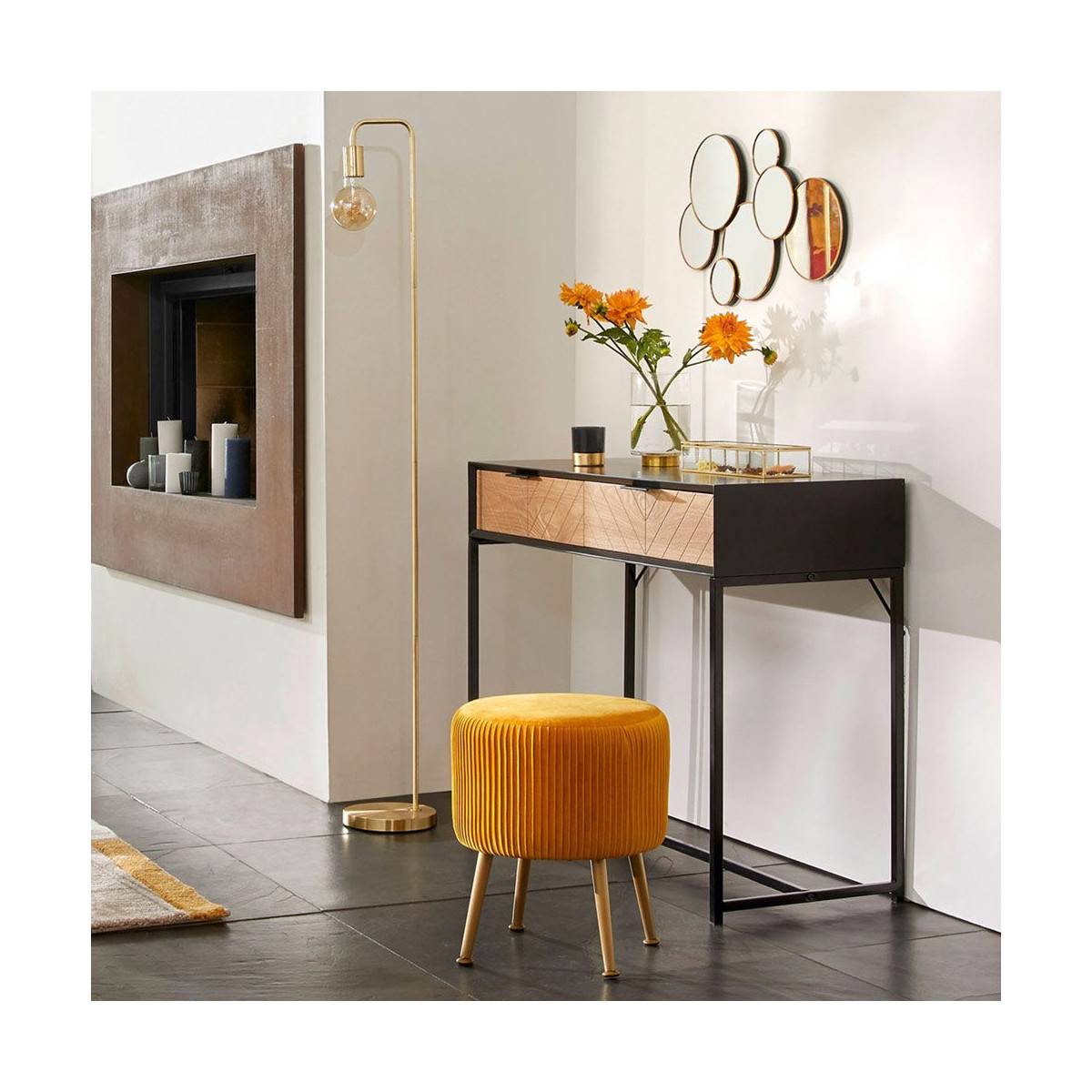 Tabouret en Velours Ocre plissé H 41 cm - Image 3