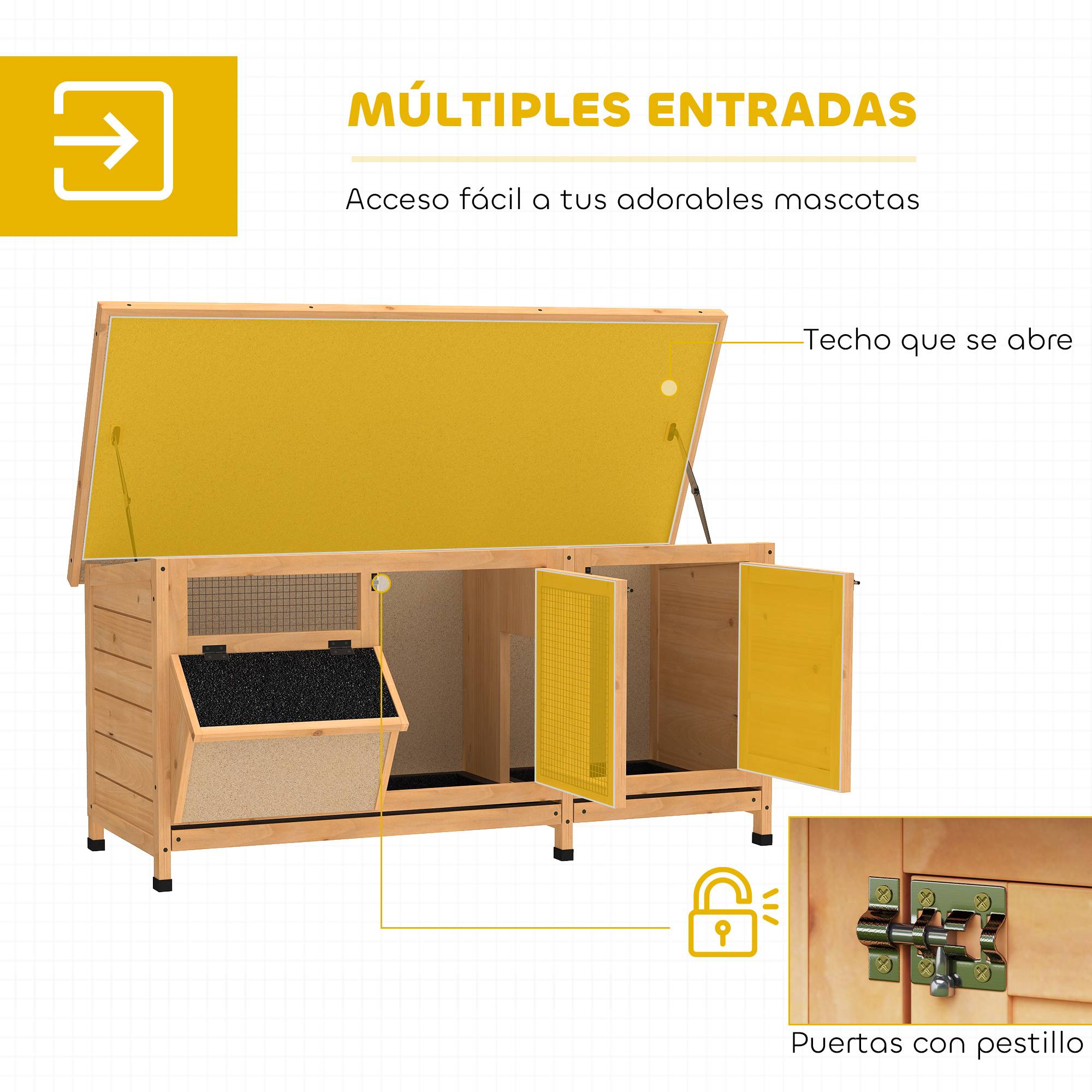 Cage à lapin avec toit en asphalte à charnières, portes à loquet, plateaux amovibles et mangeoire, 112 x 50 x 54 cm, jaune - Image 7