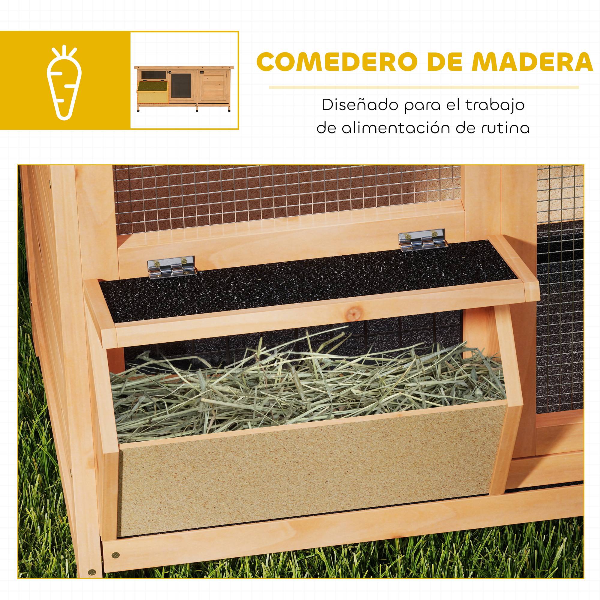 Cage à lapin avec toit en asphalte à charnières, portes à loquet, plateaux amovibles et mangeoire, 112 x 50 x 54 cm, jaune - Image 8