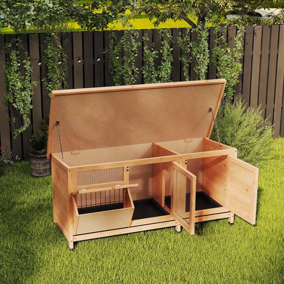 Cage à lapin avec toit en asphalte à charnières, portes à loquet, plateaux amovibles et mangeoire, 112 x 50 x 54 cm, jaune - Image 10