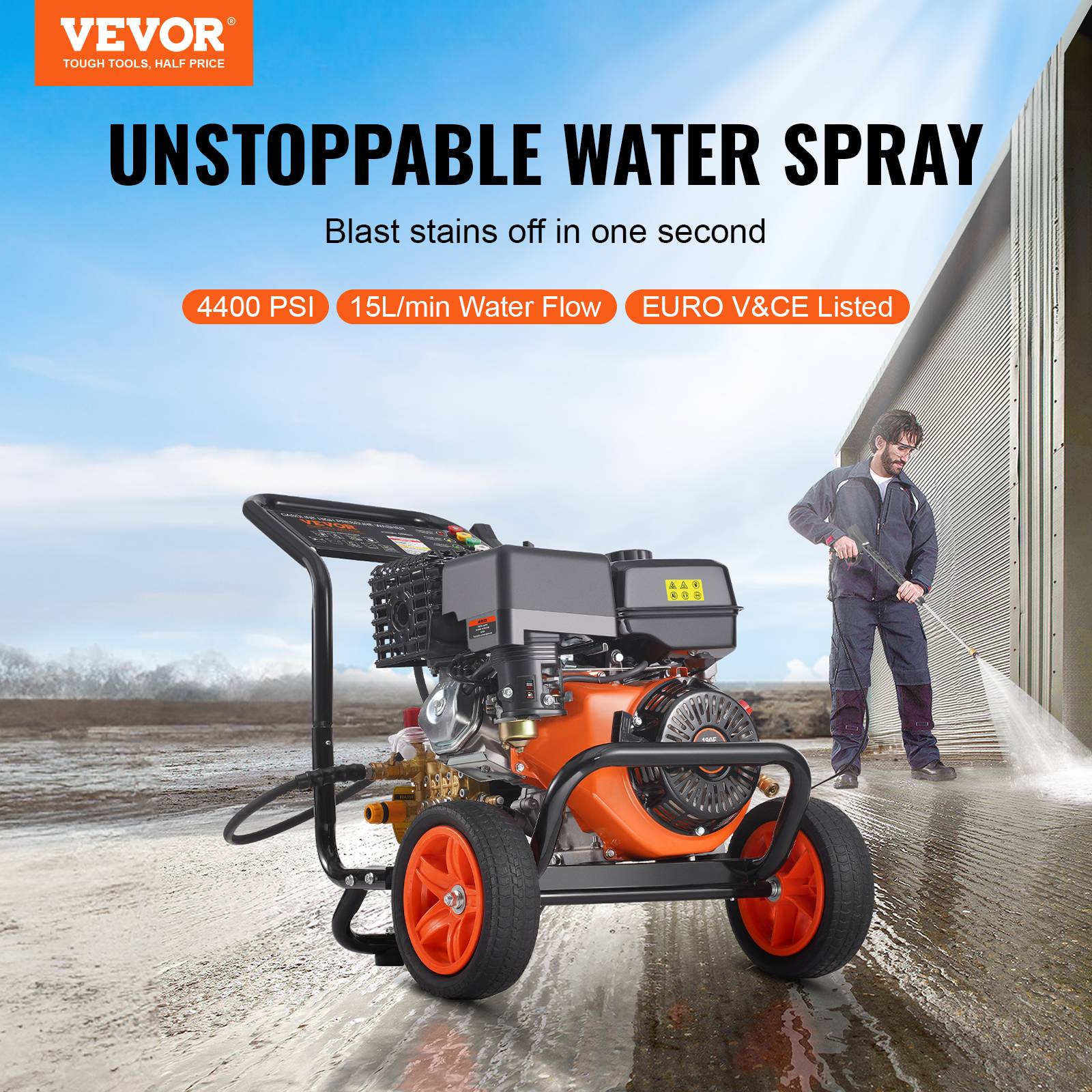 VEVOR Nettoyeur Haute Pression Essence 4400 PSI 15 L/min, Pompe Cuivre, 5 Buses, pour Voitures. - Image 2