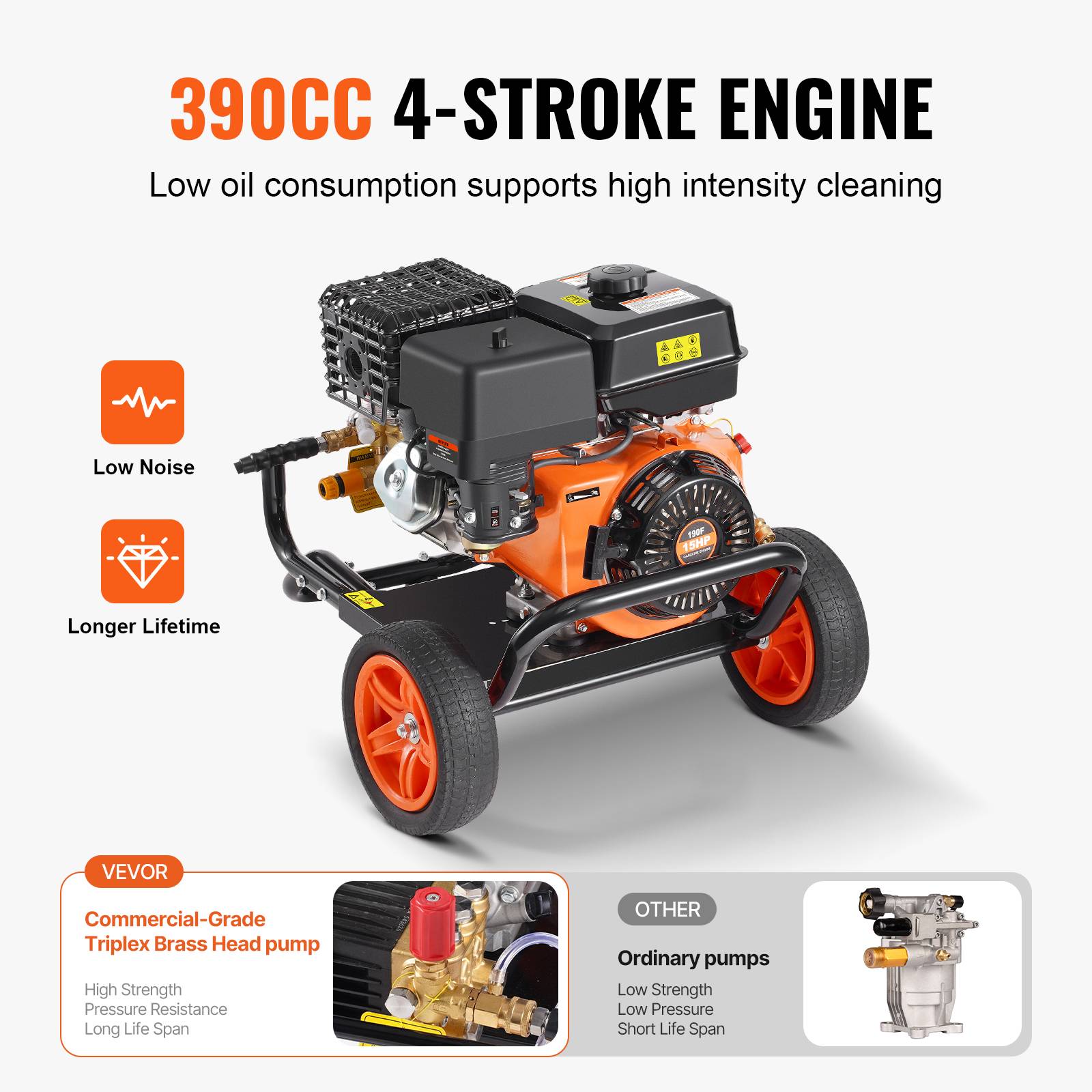 VEVOR Nettoyeur Haute Pression Essence 4400 PSI 15 L/min, Pompe Cuivre, 5 Buses, pour Voitures. - Image 3