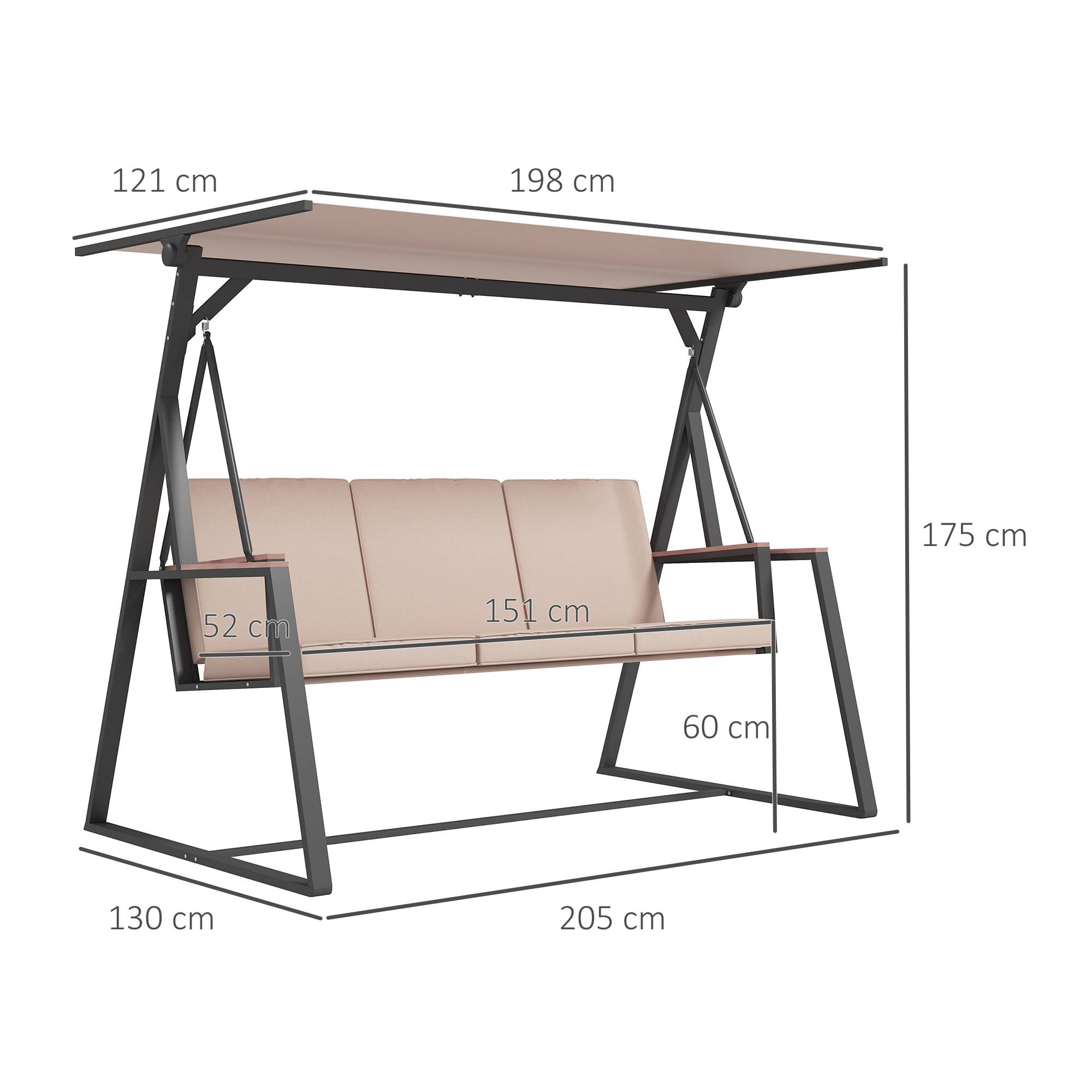 Banc basculant Hollywood à balançoire 3 places avec coussins et toit réglable jusqu’à 300 kg de kaki 205x130x175 cm pour jardin et terrasse - Image 3