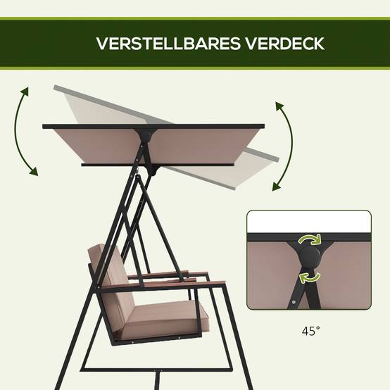 Banc basculant Hollywood à balançoire 3 places avec coussins et toit réglable jusqu’à 300 kg de kaki 205x130x175 cm pour jardin et terrasse - Image 5