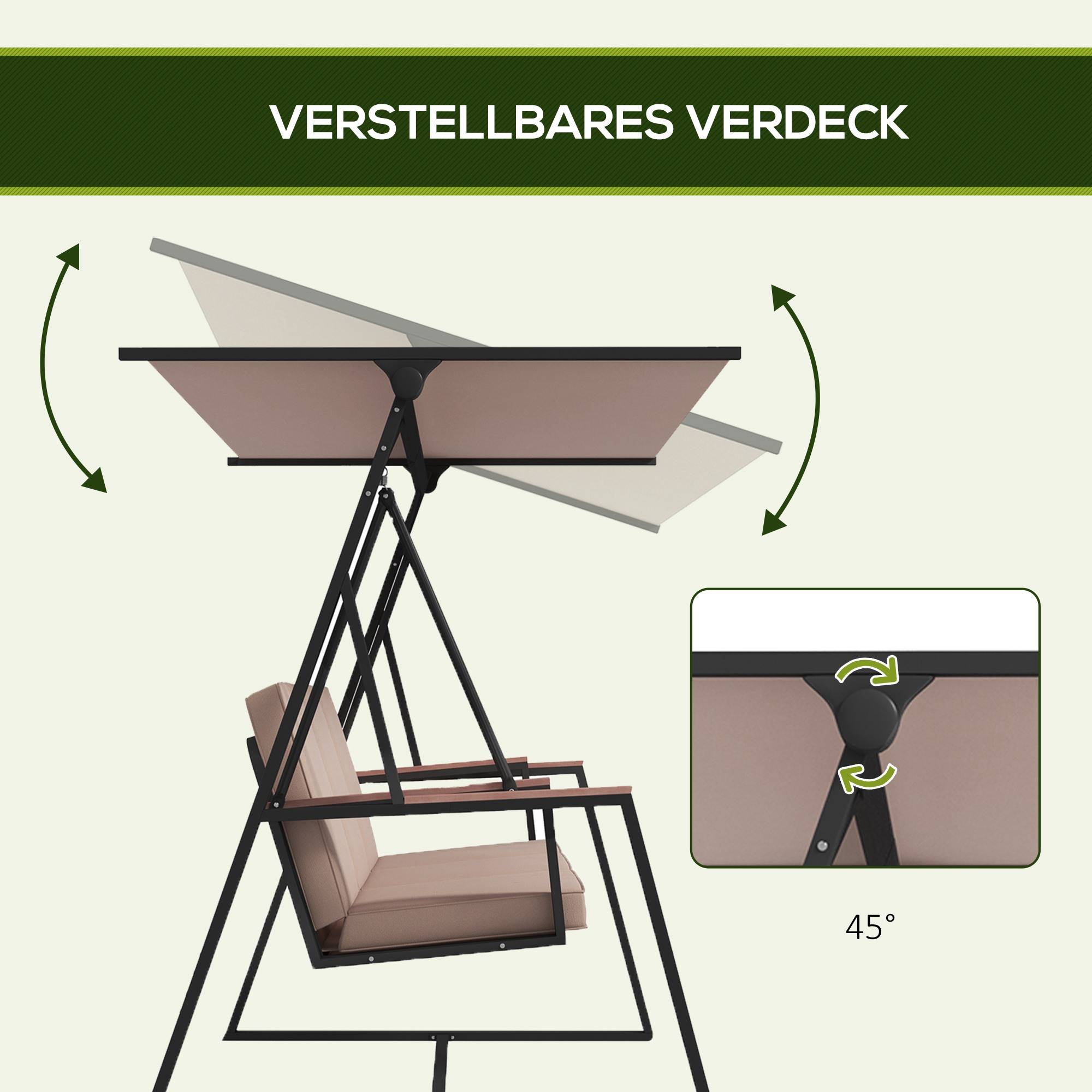 Banc basculant Hollywood à balançoire 3 places avec coussins et toit réglable jusqu’à 300 kg de kaki 205x130x175 cm pour jardin et terrasse - Image 5