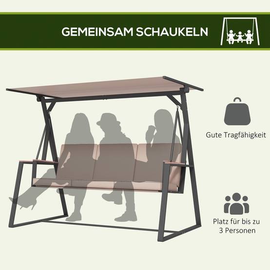 Banc basculant Hollywood à balançoire 3 places avec coussins et toit réglable jusqu’à 300 kg de kaki 205x130x175 cm pour jardin et terrasse - Image 4