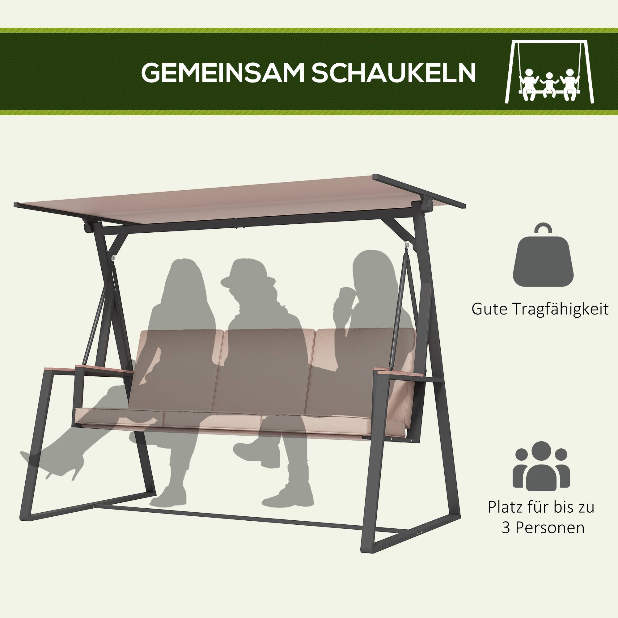 Banc basculant Hollywood à balançoire 3 places avec coussins et toit réglable jusqu’à 300 kg de kaki 205x130x175 cm pour jardin et terrasse - Image 4