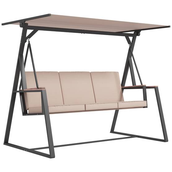 Banc basculant Hollywood à balançoire 3 places avec coussins et toit réglable jusqu’à 300 kg de kaki 205x130x175 cm pour jardin et terrasse - Image 1