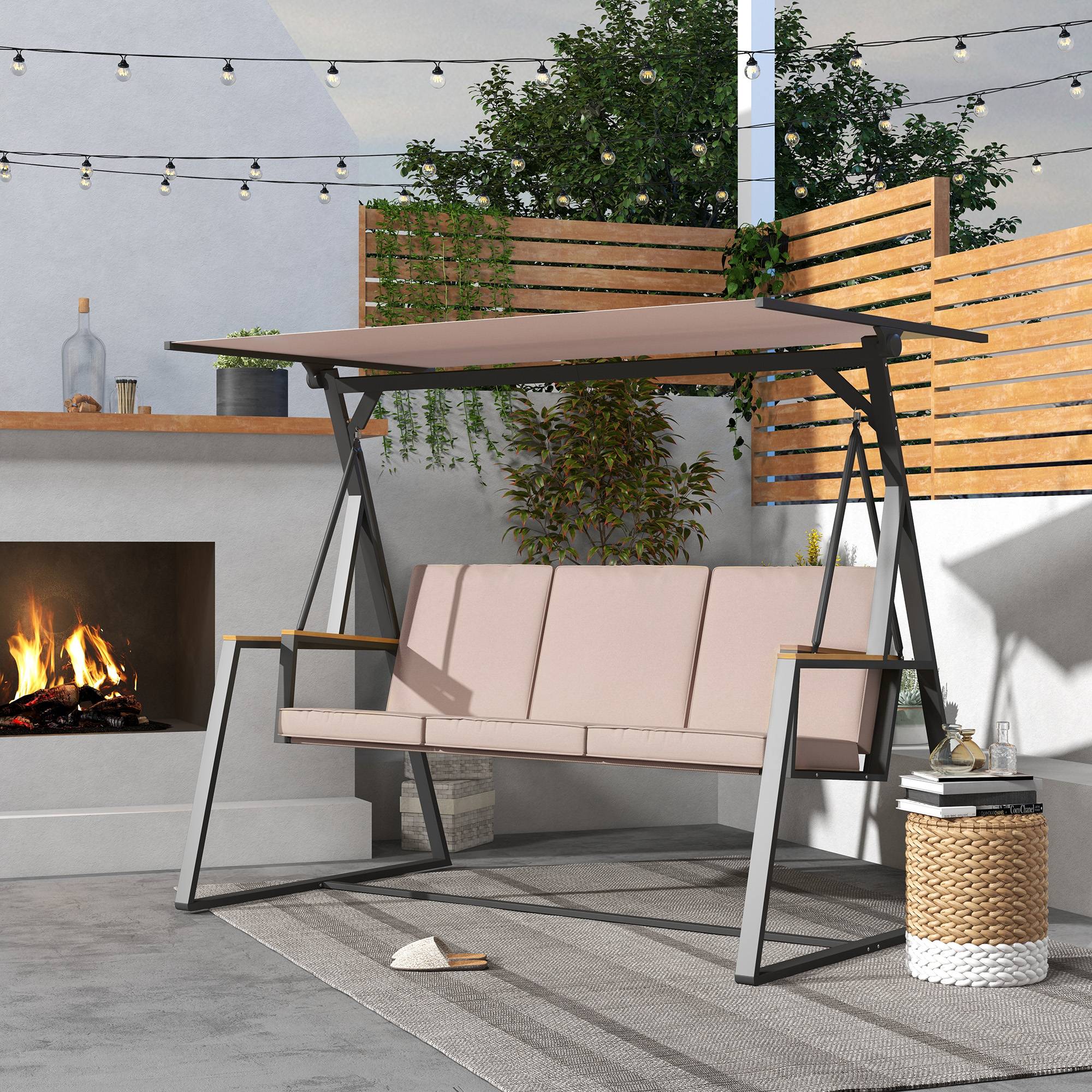 Banc basculant Hollywood à balançoire 3 places avec coussins et toit réglable jusqu’à 300 kg de kaki 205x130x175 cm pour jardin et terrasse - Image 2