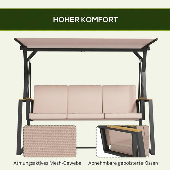 Banc basculant Hollywood à balançoire 3 places avec coussins et toit réglable jusqu’à 300 kg de kaki 205x130x175 cm pour jardin et terrasse - Image 6
