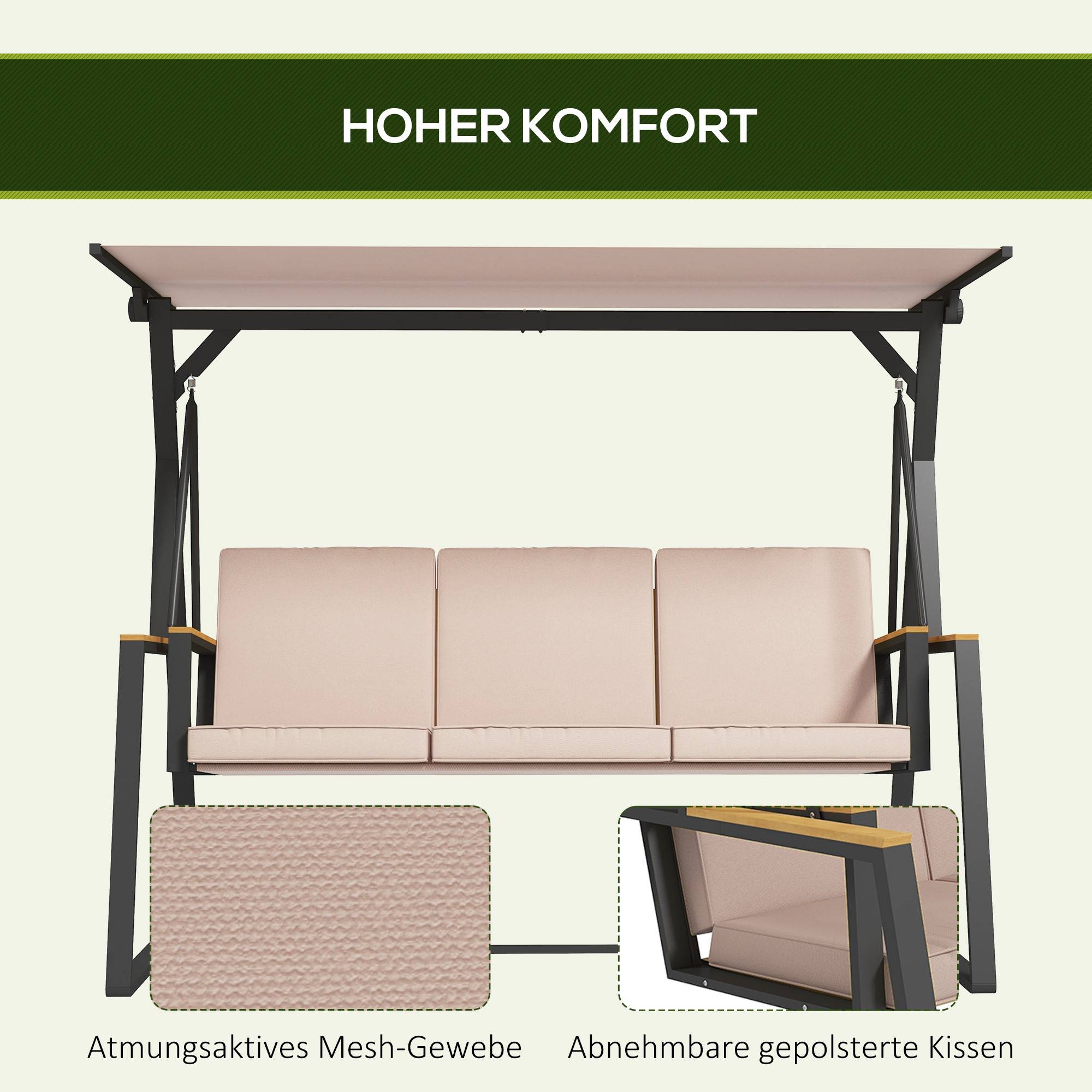 Banc basculant Hollywood à balançoire 3 places avec coussins et toit réglable jusqu’à 300 kg de kaki 205x130x175 cm pour jardin et terrasse - Image 6