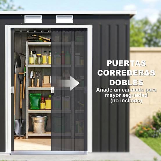 Abri de jardin extérieur 2,4 m² (213 x 130 x 172 cm) avec porte coulissante, toit en pente, base sans plancher ni fenêtres, gris - Image 7