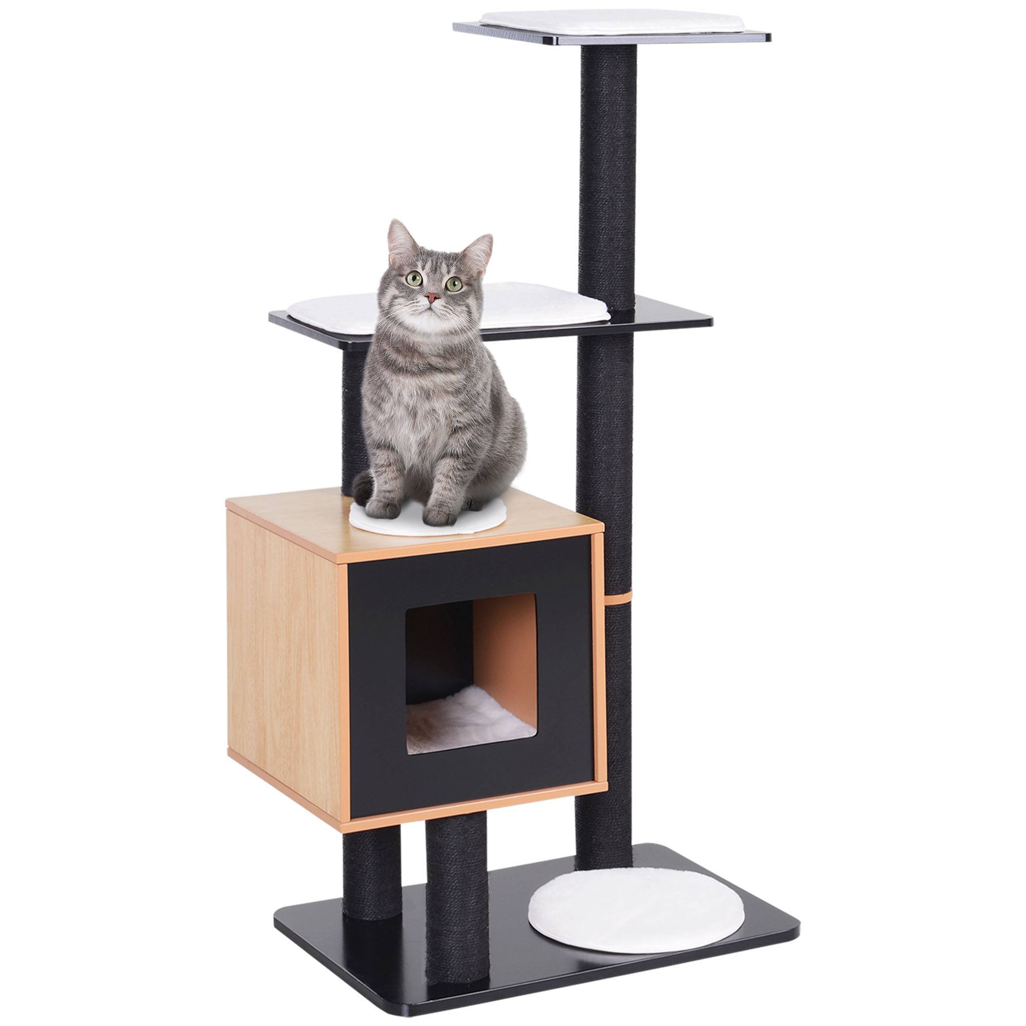 Arbre à chats design contemporain griffoirs grattoirs sisal naturel centre d'activités niche plate-formes 71,5L x 49,5l x 120H cm MDF noir hêtre - Image 1