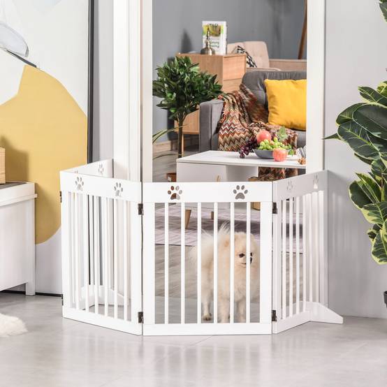 Barrière de sécurité à 4 panneaux en bois de pin pour chien pliable 204x61cm blanc - ComfortXL Outdoor Living - Image 4