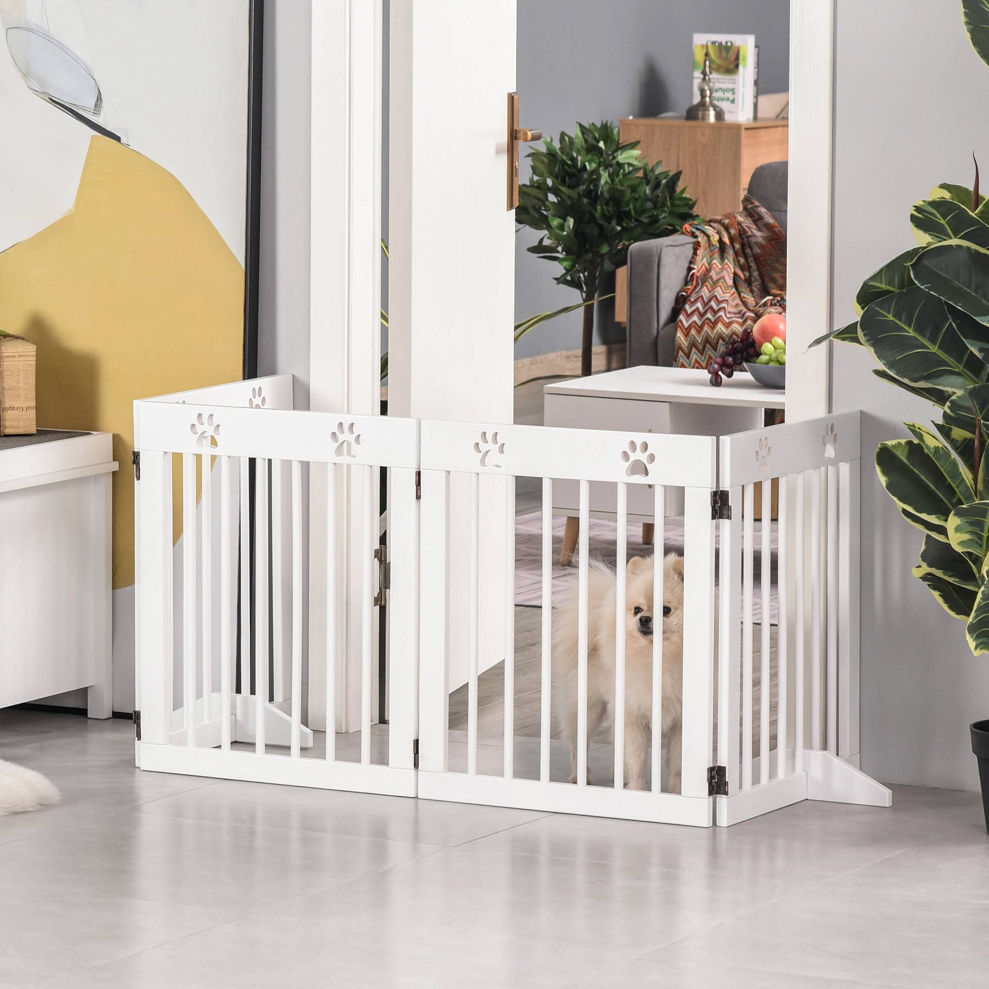Barrière de sécurité à 4 panneaux en bois de pin pour chien pliable 204x61cm blanc - ComfortXL Outdoor Living - Image 3