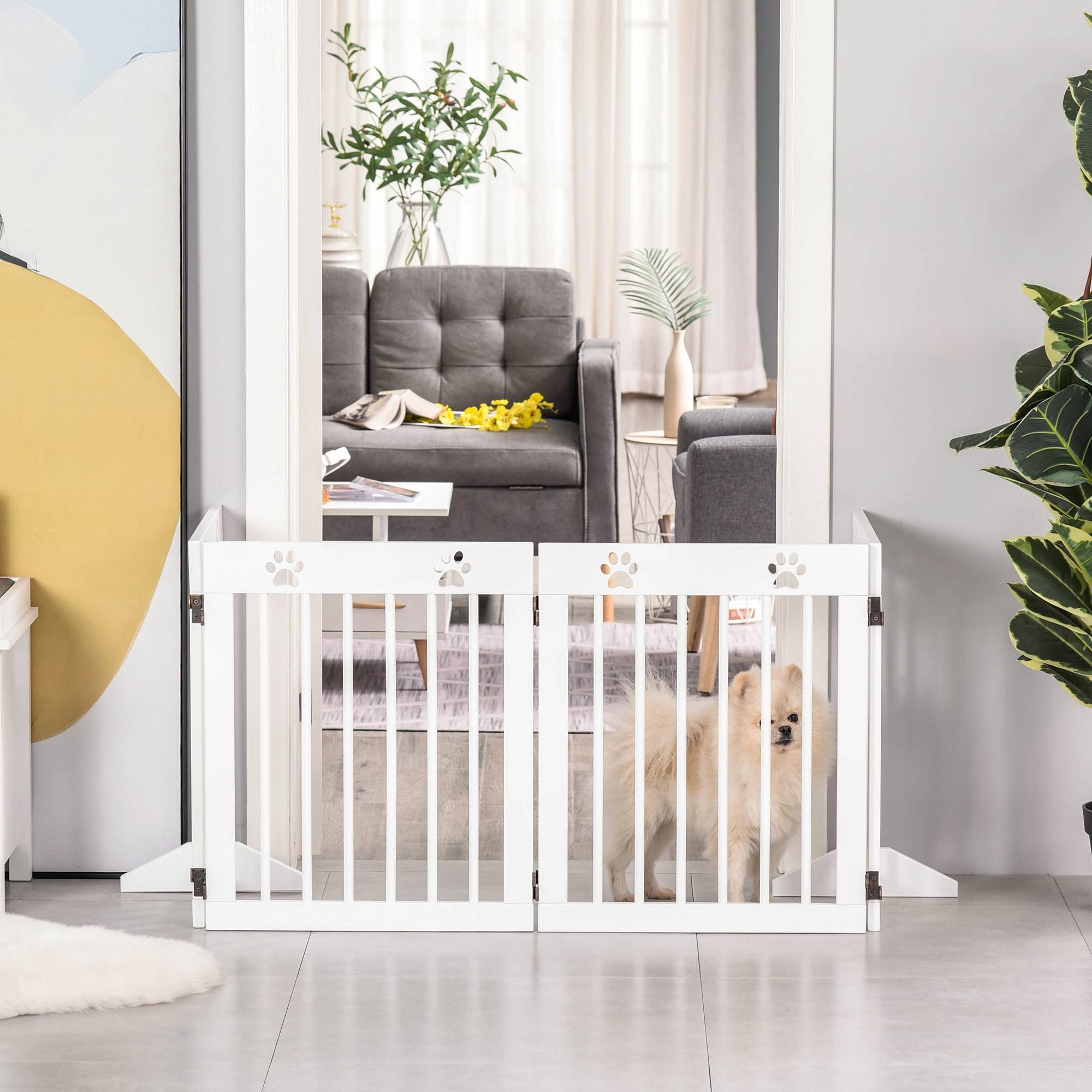 Barrière de sécurité à 4 panneaux en bois de pin pour chien pliable 204x61cm blanc - ComfortXL Outdoor Living - Image 9