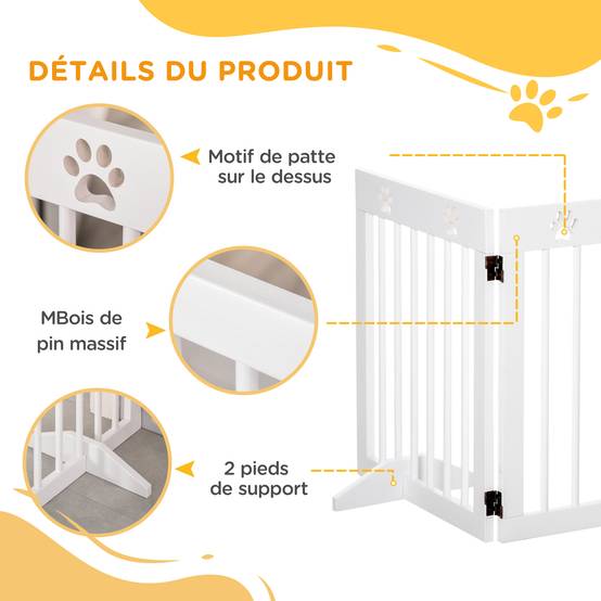 Barrière de sécurité à 4 panneaux en bois de pin pour chien pliable 204x61cm blanc - ComfortXL Outdoor Living - Image 7