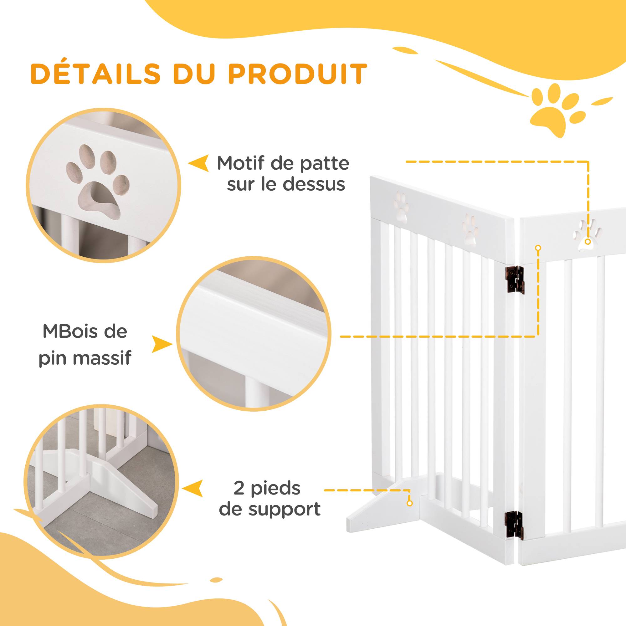 Barrière de sécurité à 4 panneaux en bois de pin pour chien pliable 204x61cm blanc - ComfortXL Outdoor Living - Image 7