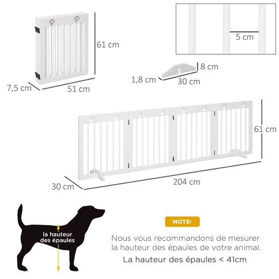 Barrière de sécurité à 4 panneaux en bois de pin pour chien pliable 204x61cm blanc - ComfortXL Outdoor Living - Image 5