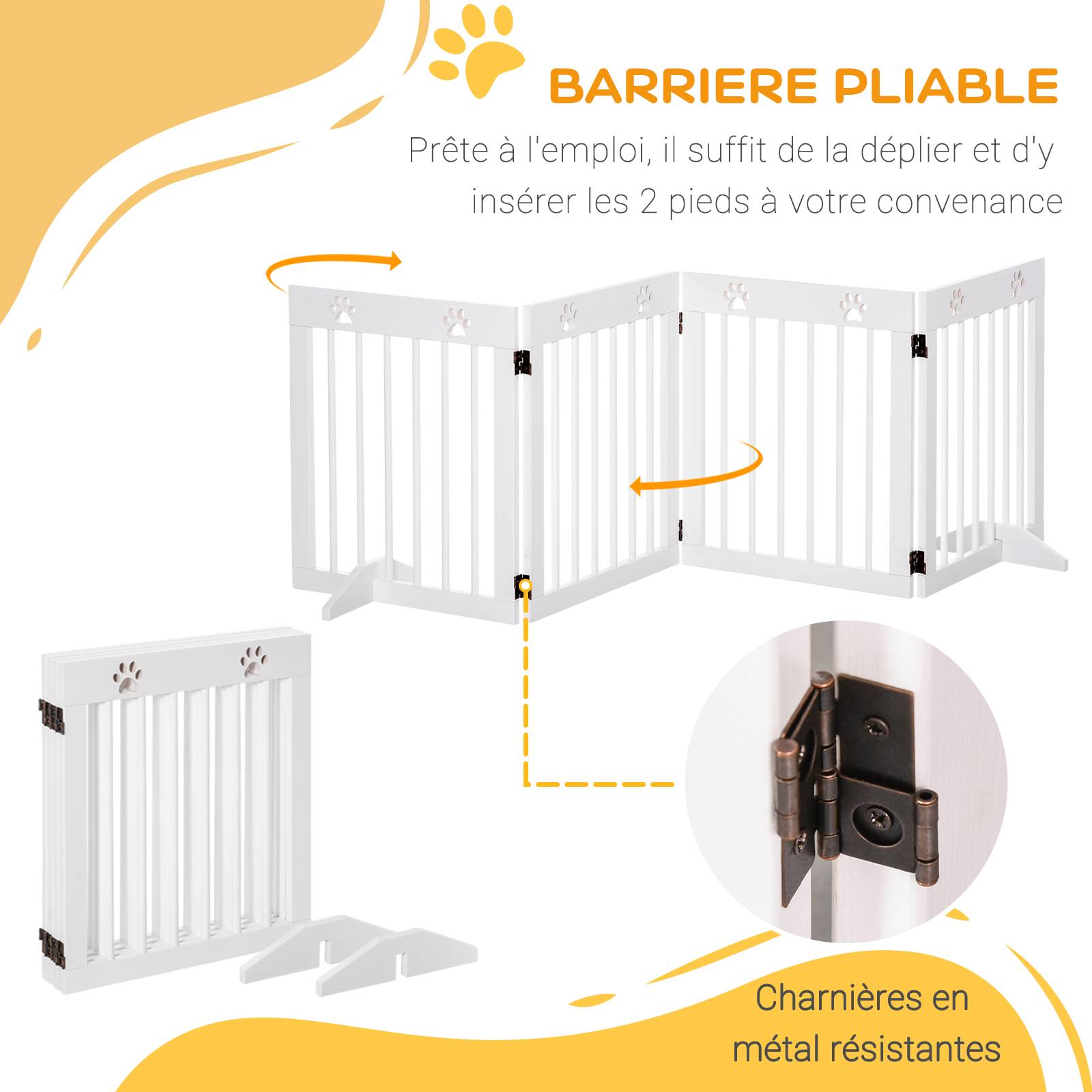 Barrière de sécurité à 4 panneaux en bois de pin pour chien pliable 204x61cm blanc - ComfortXL Outdoor Living - Image 6