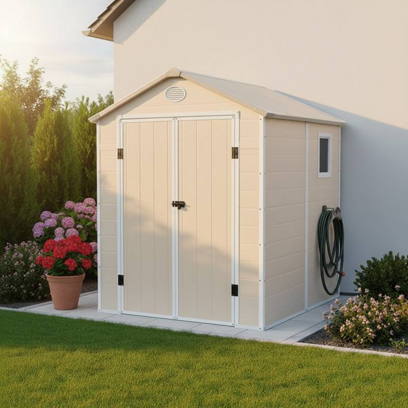Abri de jardin résine beige 3,65m² avec kit de fondation et double porte Jôbu - Image 1
