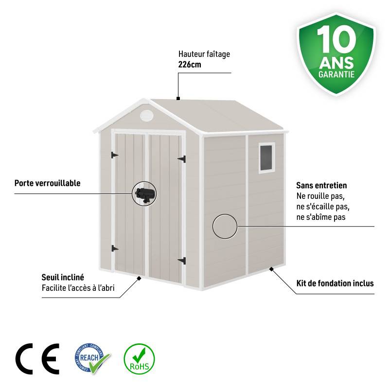 Abri de jardin résine beige 3,65m² avec kit de fondation et double porte Jôbu - Image 3