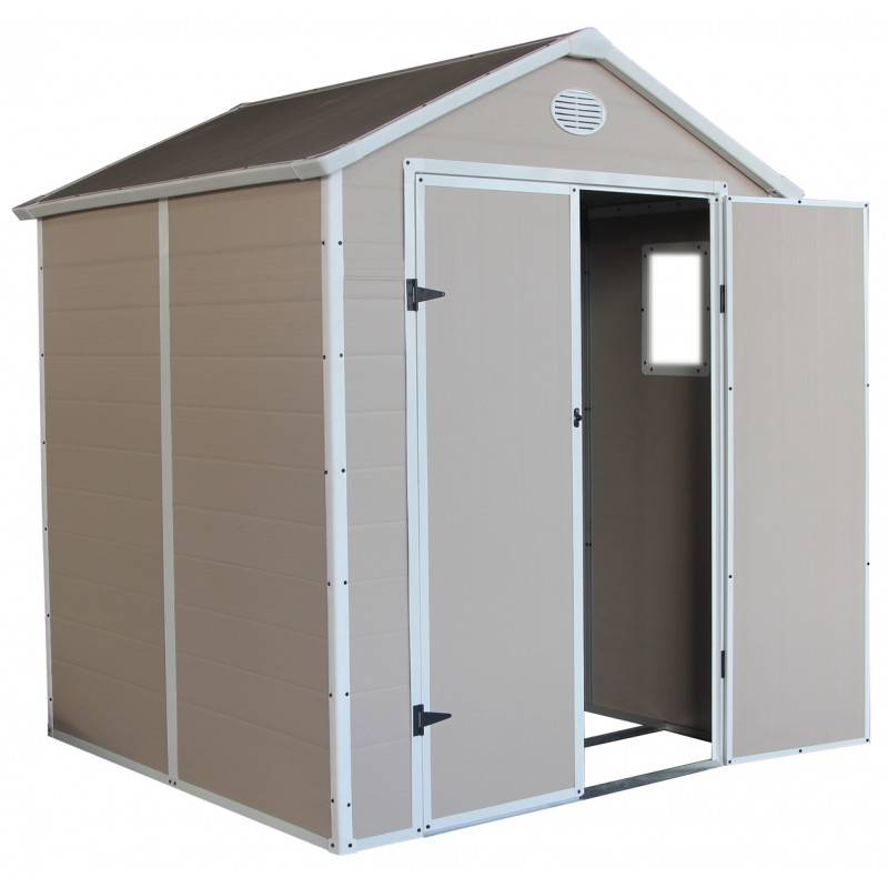 Abri de jardin résine beige 3,65m² avec kit de fondation et double porte Jôbu - Image 2