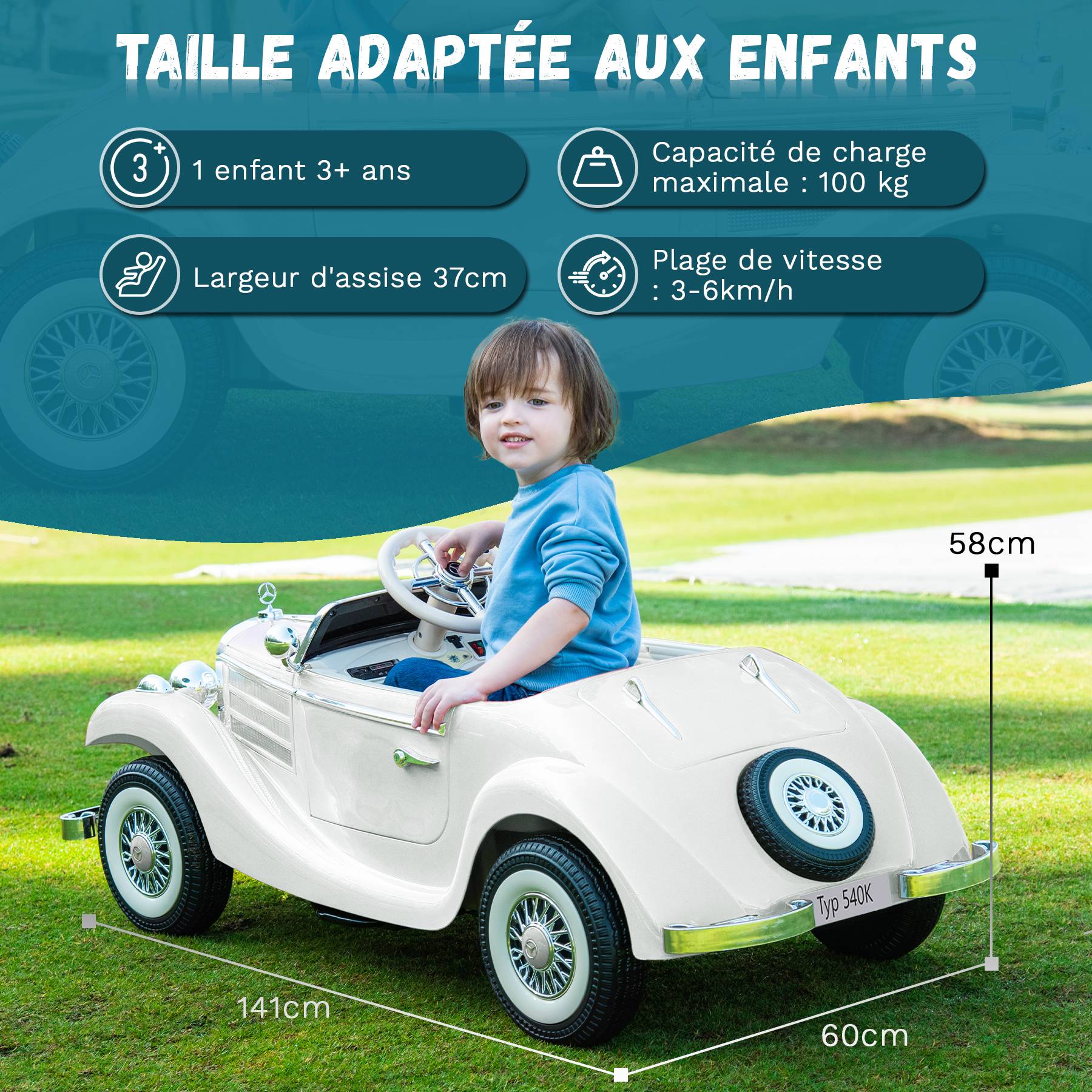 0 - Voiture électrique pour enfants Mercedes Benz Vintage Retro Classic 12 V - Blanc - Image 6