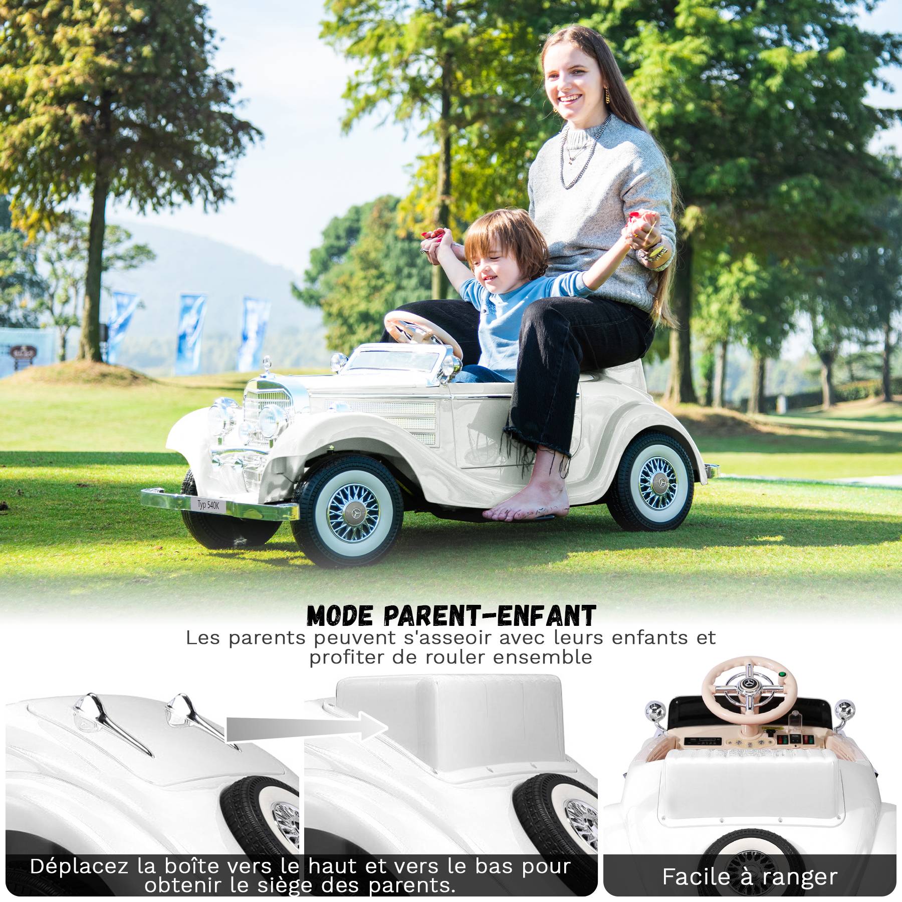 0 - Voiture électrique pour enfants Mercedes Benz Vintage Retro Classic 12 V - Blanc - Image 4