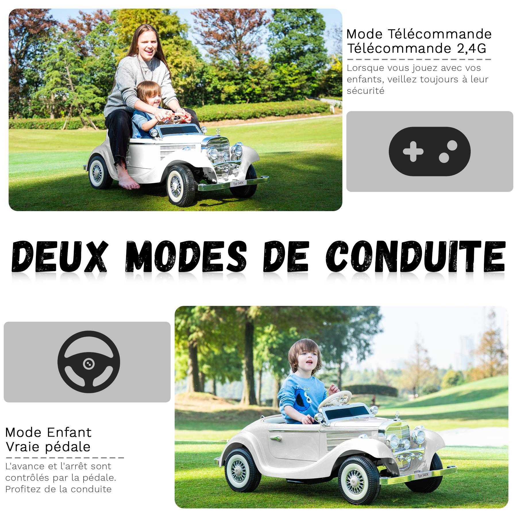 0 - Voiture électrique pour enfants Mercedes Benz Vintage Retro Classic 12 V - Blanc - Image 3