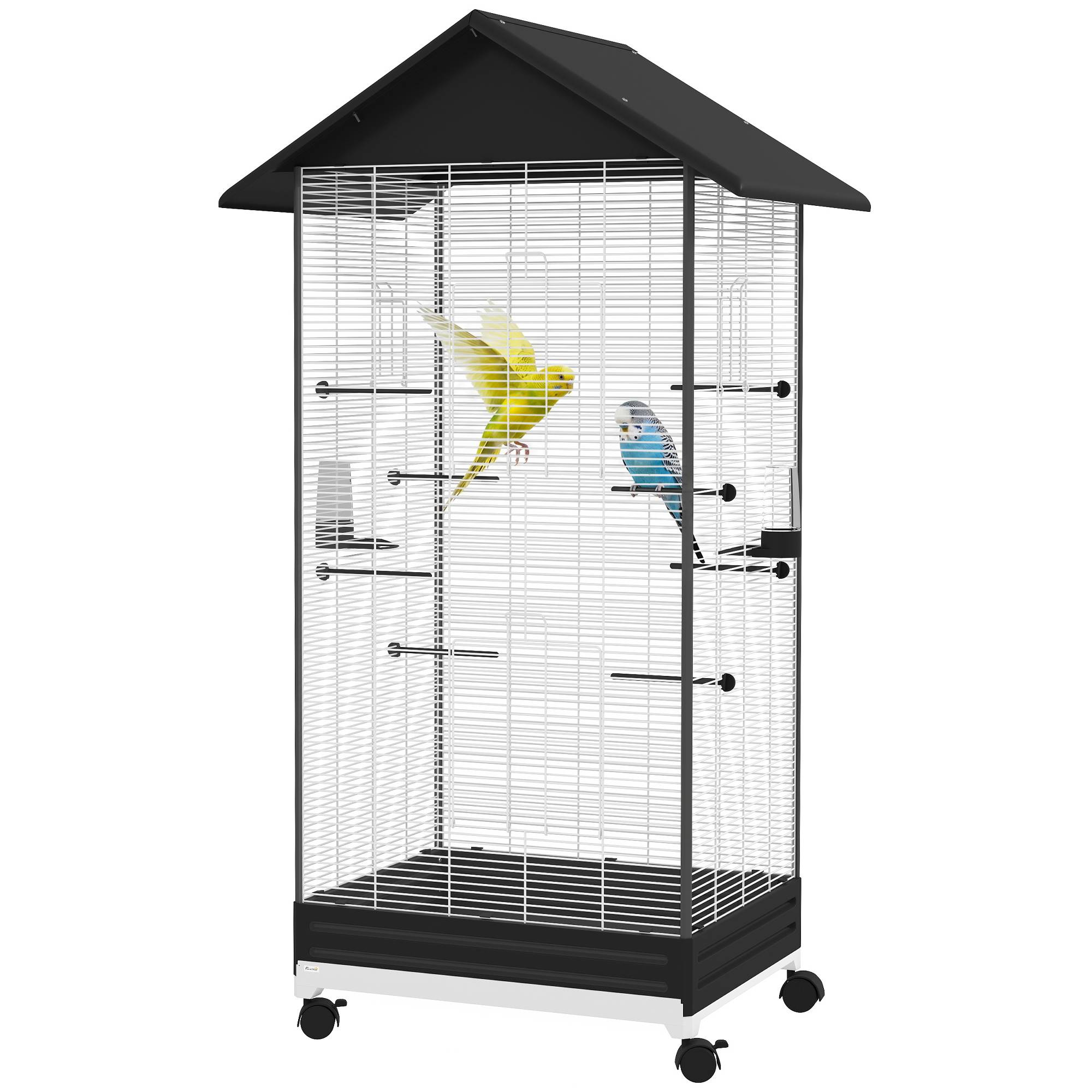Sans Marque - Cage oiseau sur pied volière oiseaux intérieure sur roulettes 2 mangeoires 8 perchoirs 79 x 65 x 155 cm fil d'acier noir - Image 2