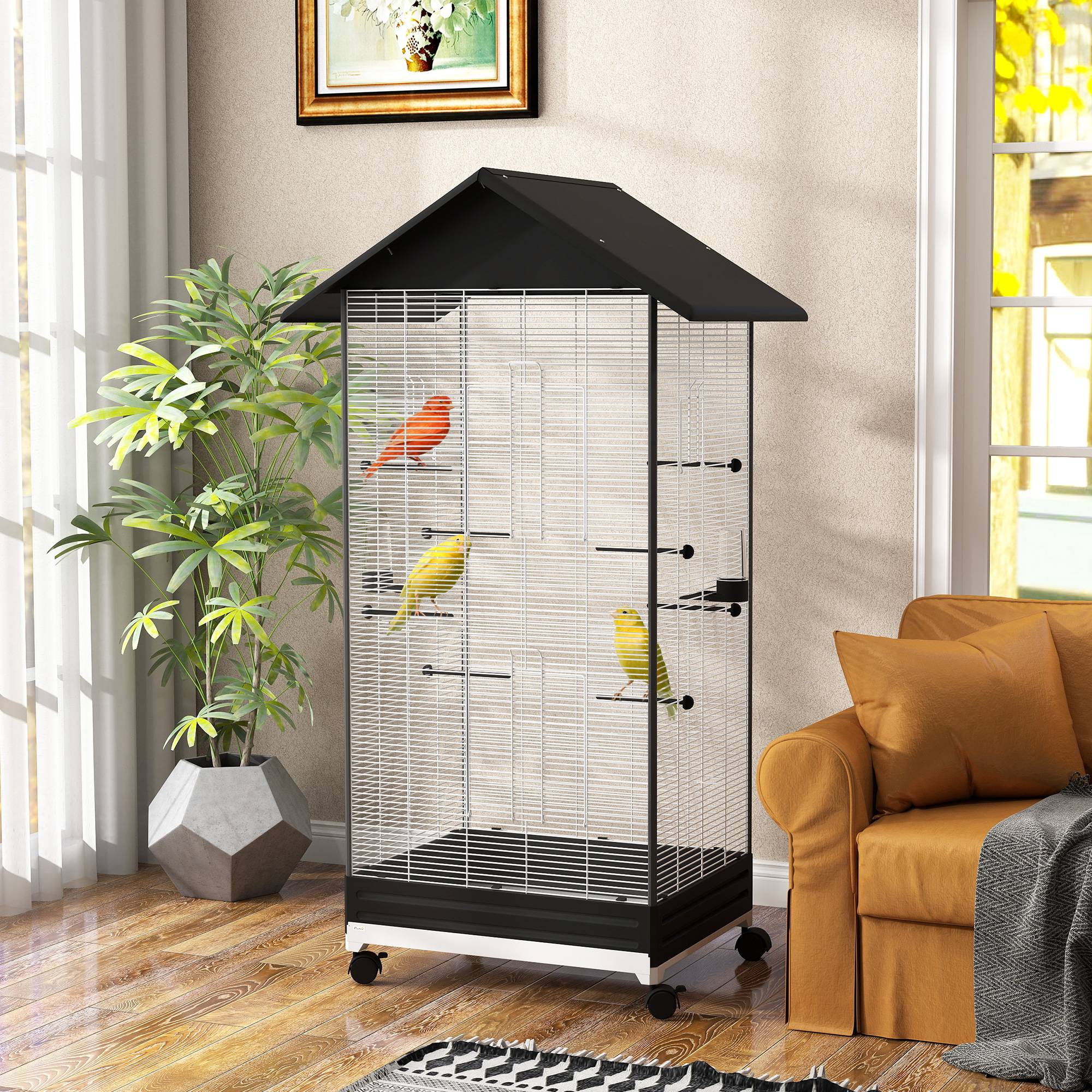 Sans Marque - Cage oiseau sur pied volière oiseaux intérieure sur roulettes 2 mangeoires 8 perchoirs 79 x 65 x 155 cm fil d'acier noir - Image 4