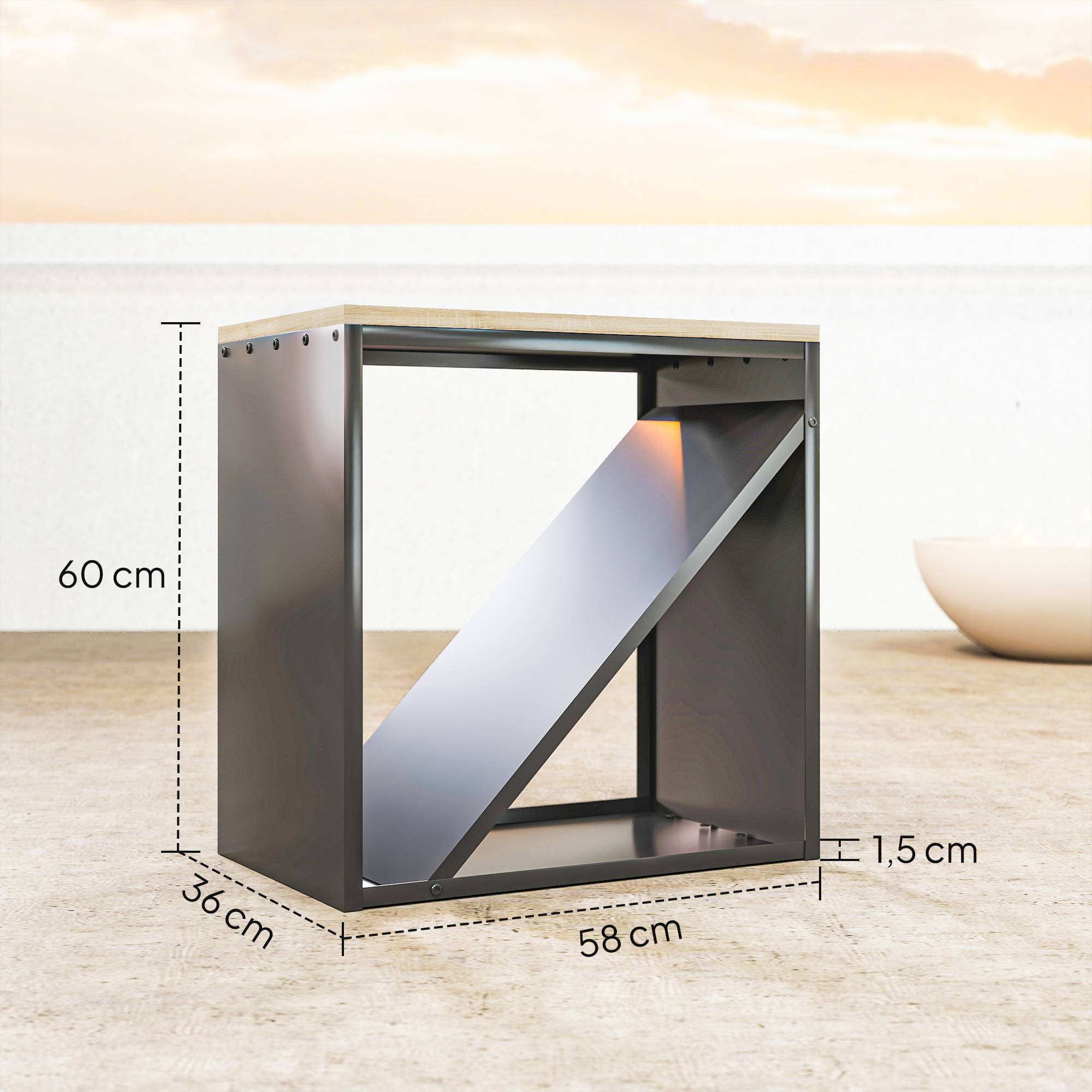 ComfortXL - Porte-bûches 2-en-1 métal et sapin noir 58 x 36 x 60 cm pour cheminée avec séparateur tablette charge 100 kg - Image 3