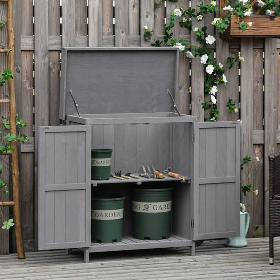 Armoire de Jardin Bois Sapin Rangement Outils Extérieur Double Porte Étagères Gris 74x43cm - ComfortXL Outdoor Living - Image 1