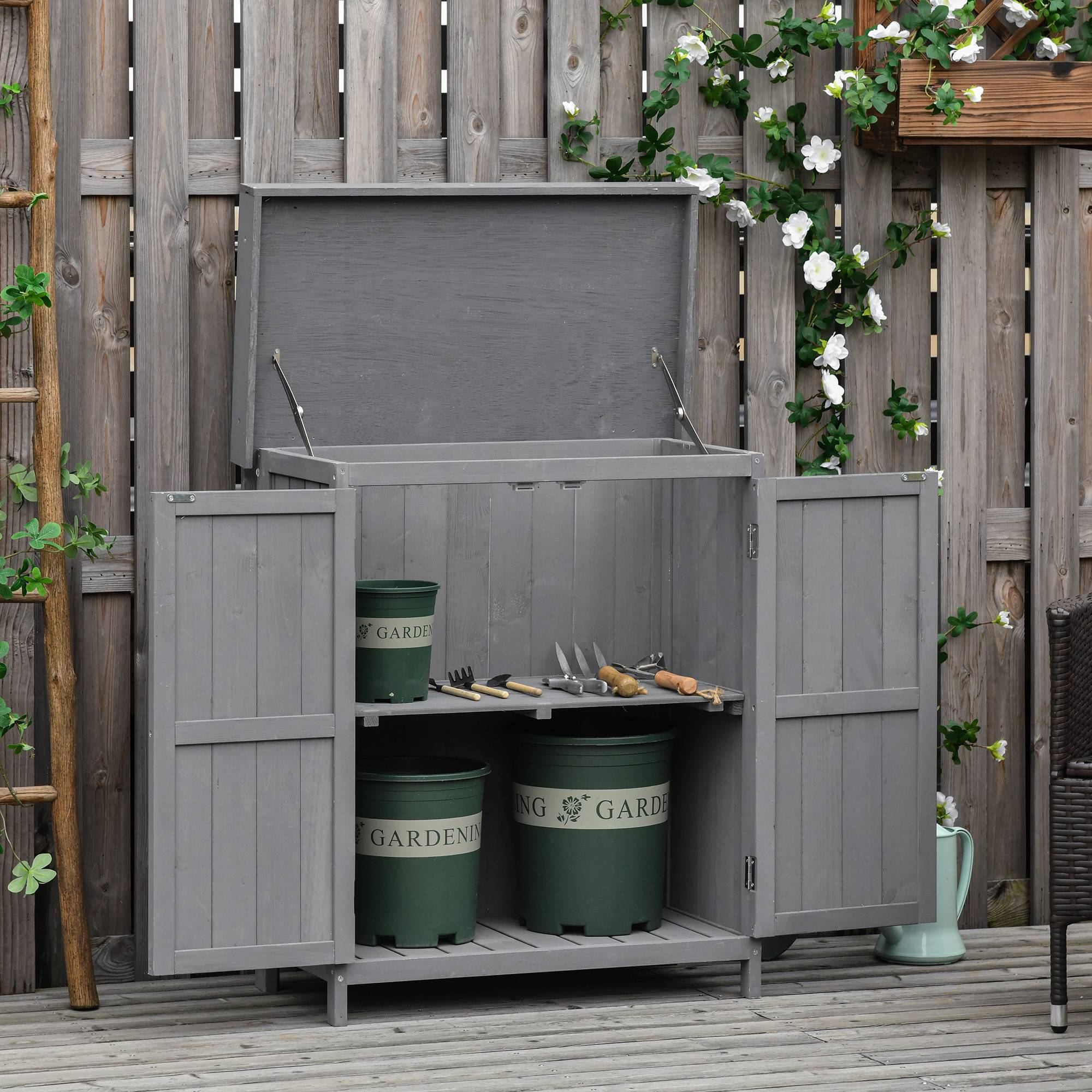 Armoire de Jardin Bois Sapin Rangement Outils Extérieur Double Porte Étagères Gris 74x43cm - ComfortXL Outdoor Living - Image 1