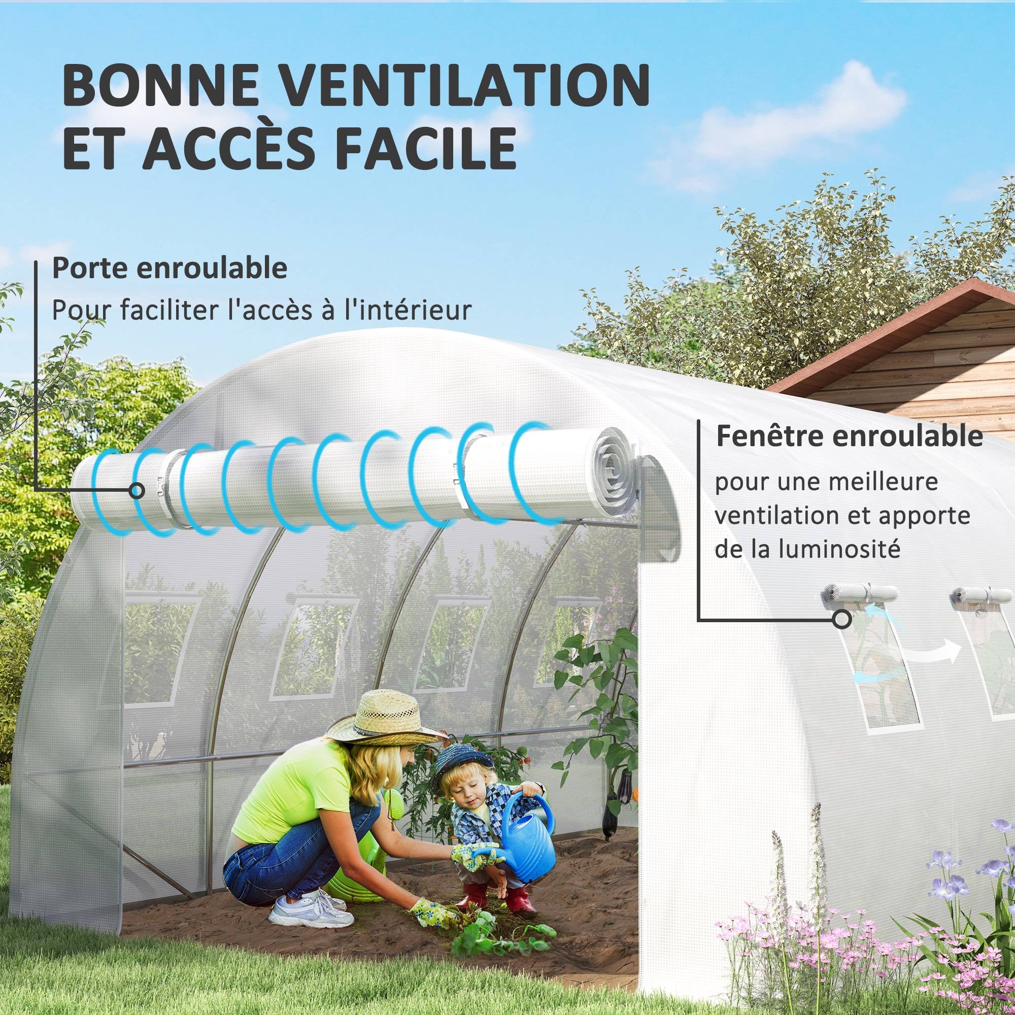 Sans Marque - Bâche de rechange serre tunnel 12 m² 4 x 3 x 2 m PE anti-UV imperméable 8 fenêtres + porte enroulable zippée blanc - Image 6
