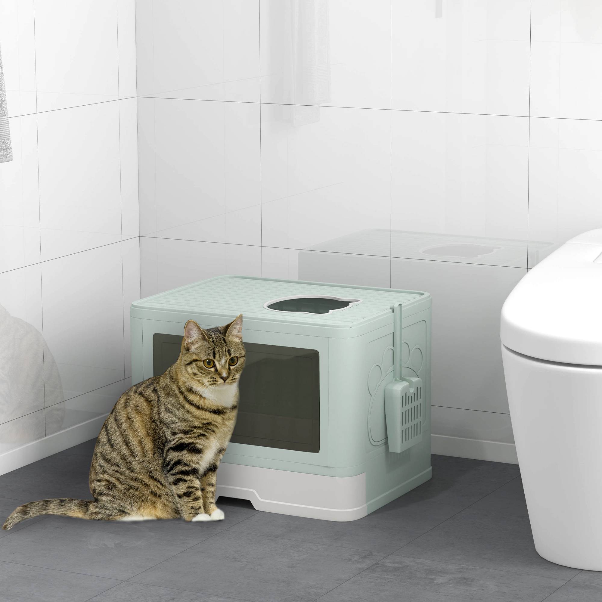 Bac à litière fermé double entrée plateau amovible pelle brosse chat intérieur vert - Image 4