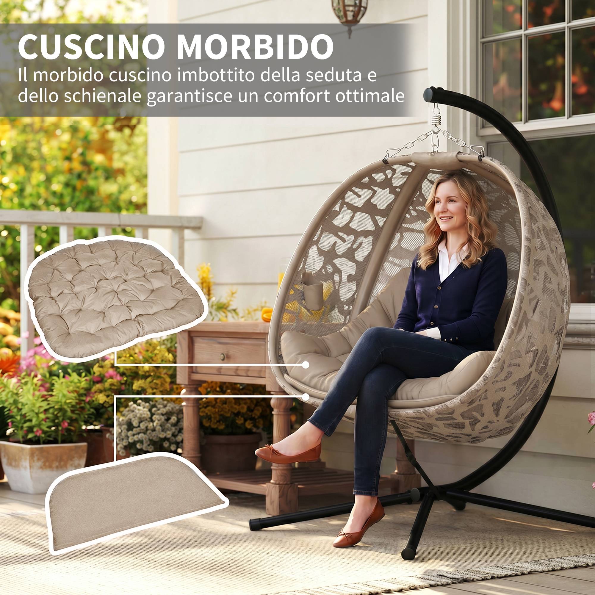 Fauteuil œuf suspendu acier 2 places toit pare-soleil panier pliable 126x126cm sable - ComfortXL Outdoor Living - Image 7