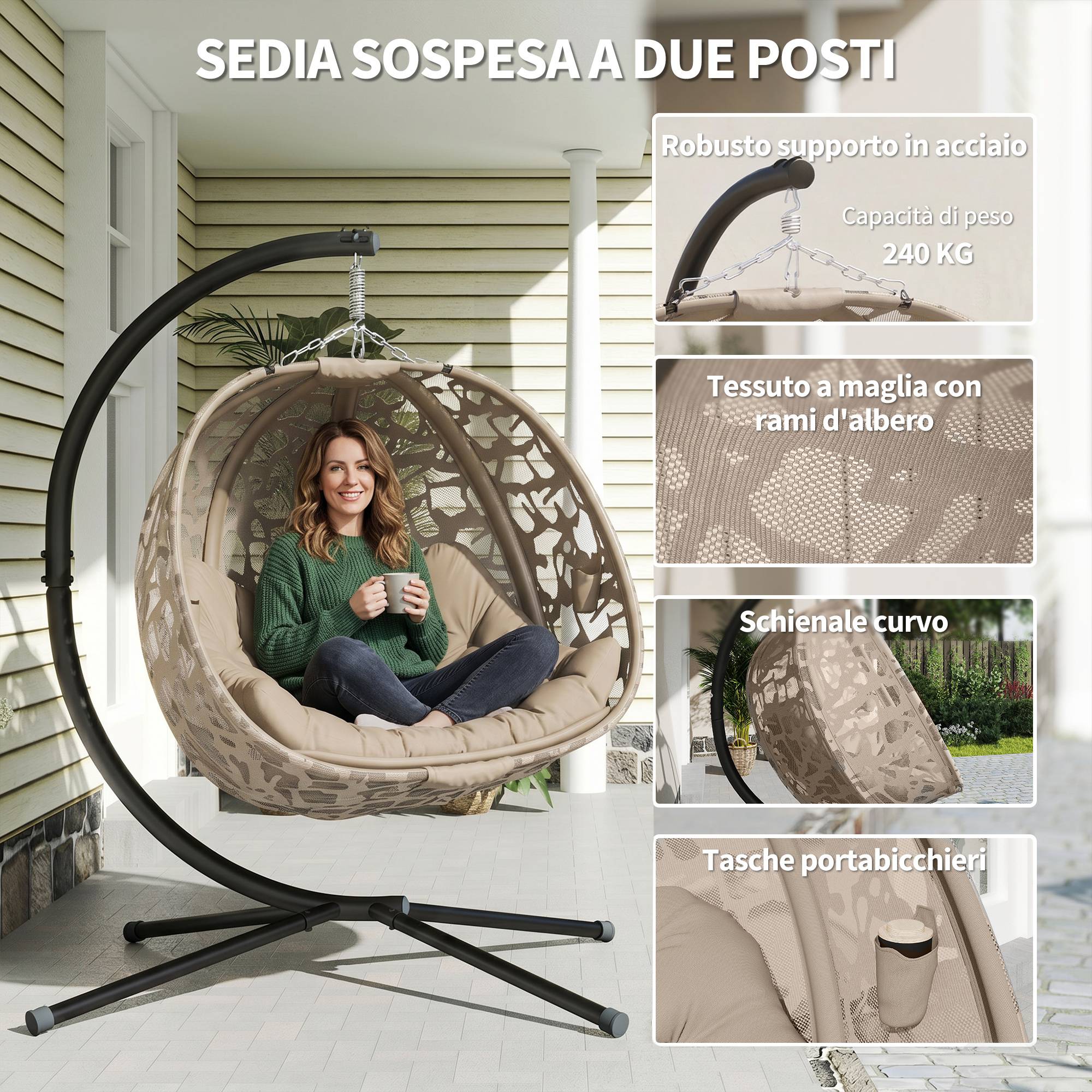 Fauteuil œuf suspendu acier 2 places toit pare-soleil panier pliable 126x126cm sable - ComfortXL Outdoor Living - Image 6
