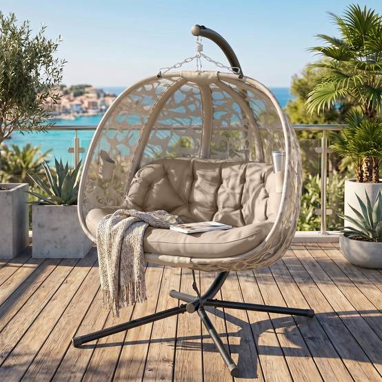 Fauteuil œuf suspendu acier 2 places toit pare-soleil panier pliable 126x126cm sable - ComfortXL Outdoor Living - Image 4