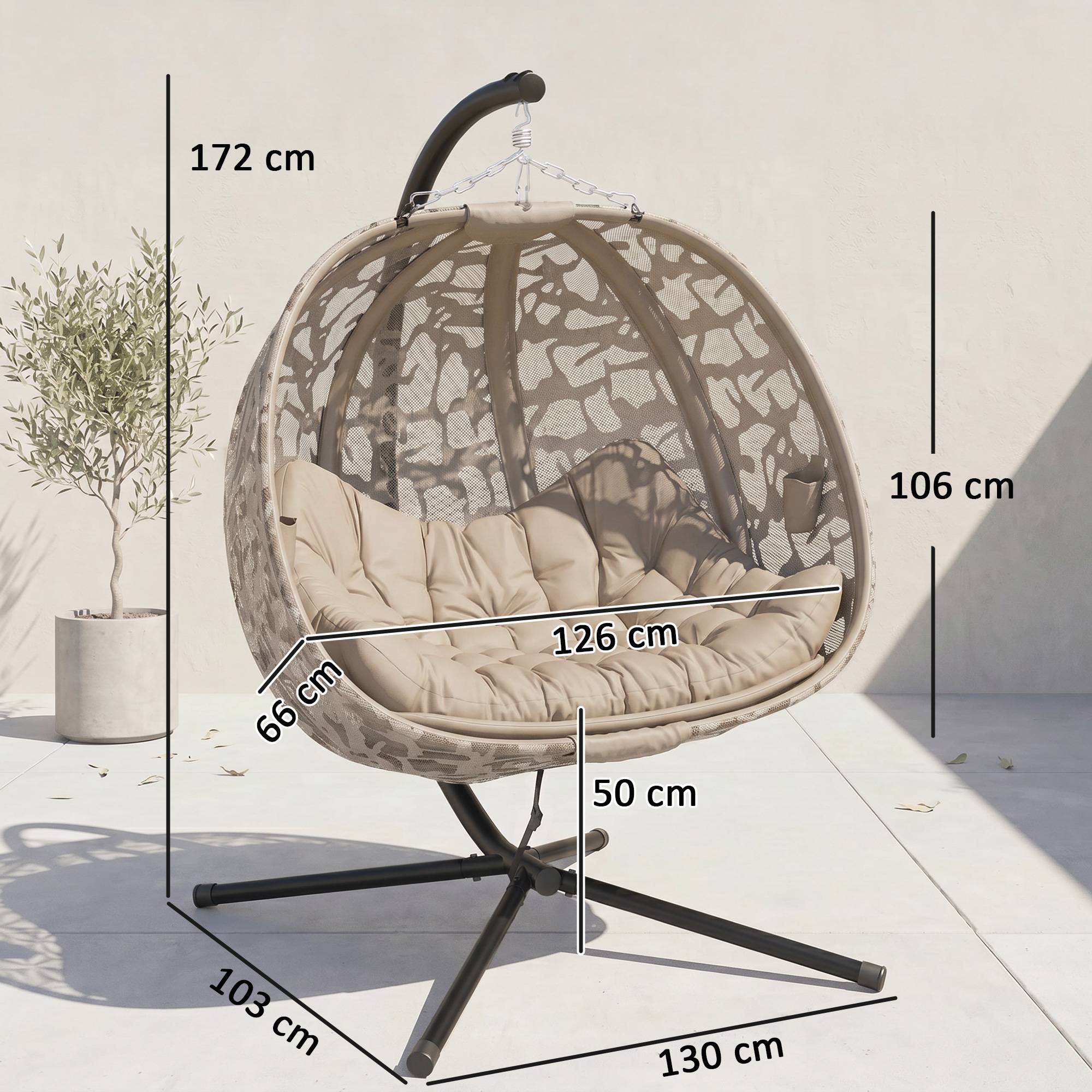 Fauteuil œuf suspendu acier 2 places toit pare-soleil panier pliable 126x126cm sable - ComfortXL Outdoor Living - Image 5