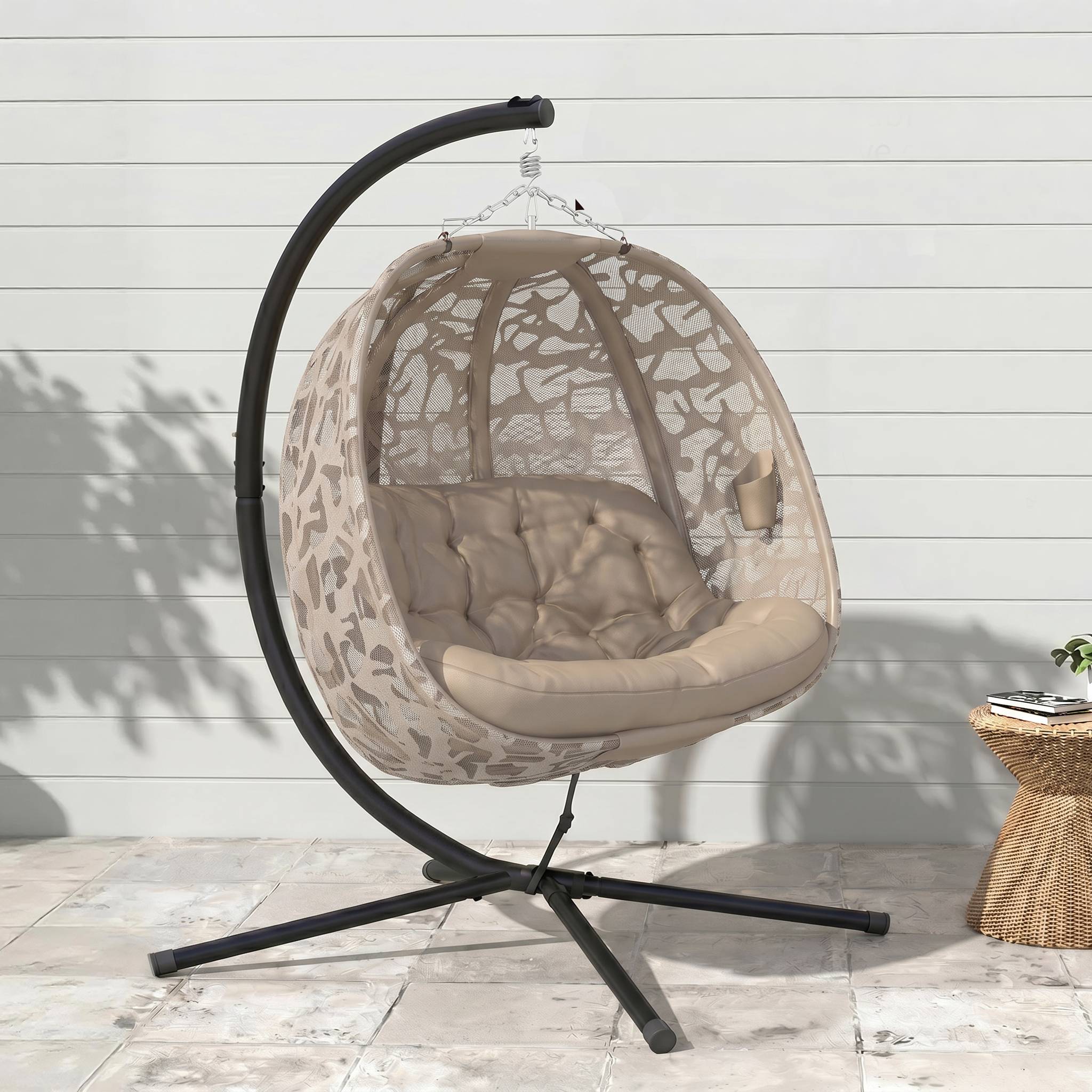 Fauteuil œuf suspendu acier 2 places toit pare-soleil panier pliable 126x126cm sable - ComfortXL Outdoor Living - Image 9