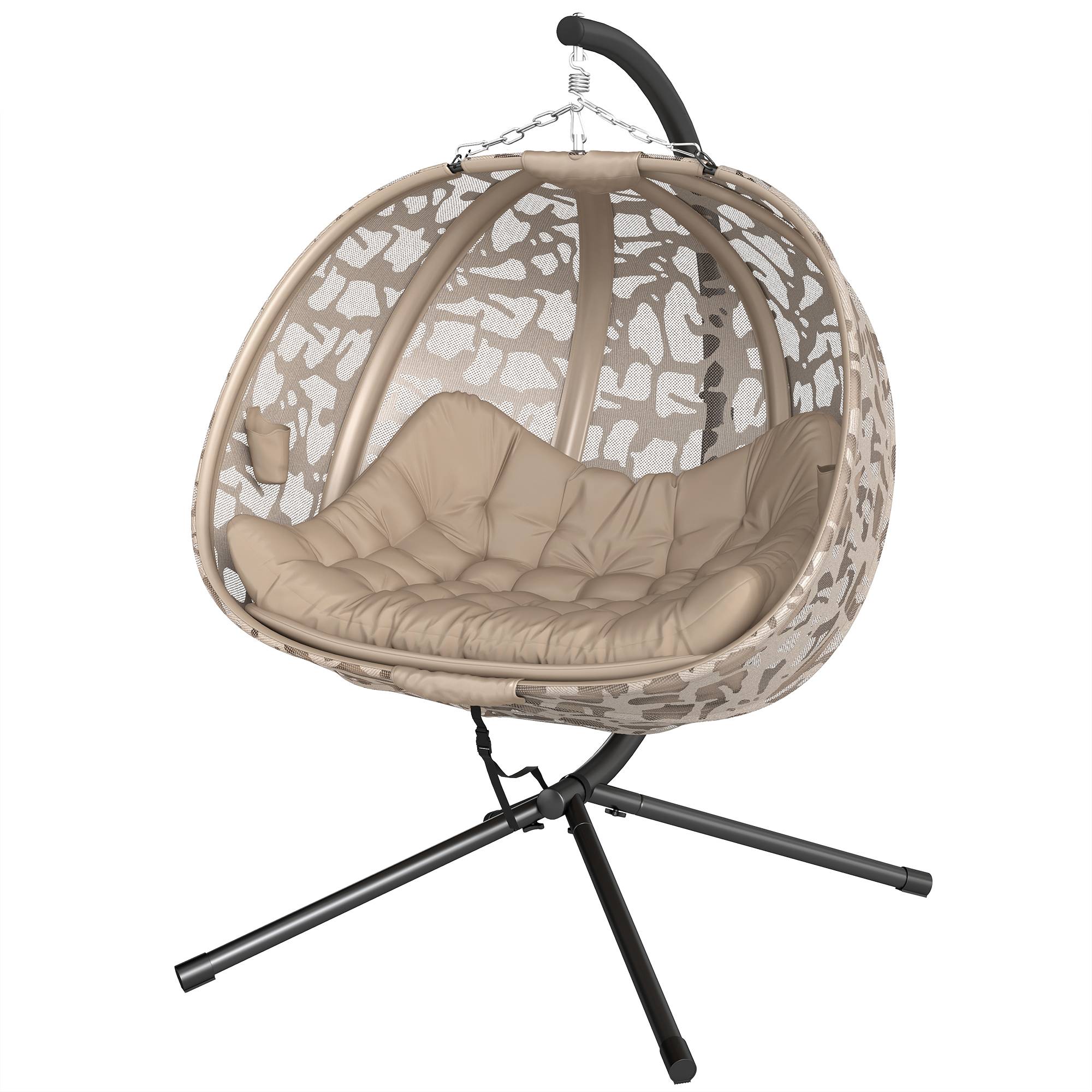 Fauteuil œuf suspendu acier 2 places toit pare-soleil panier pliable 126x126cm sable - ComfortXL Outdoor Living - Image 2