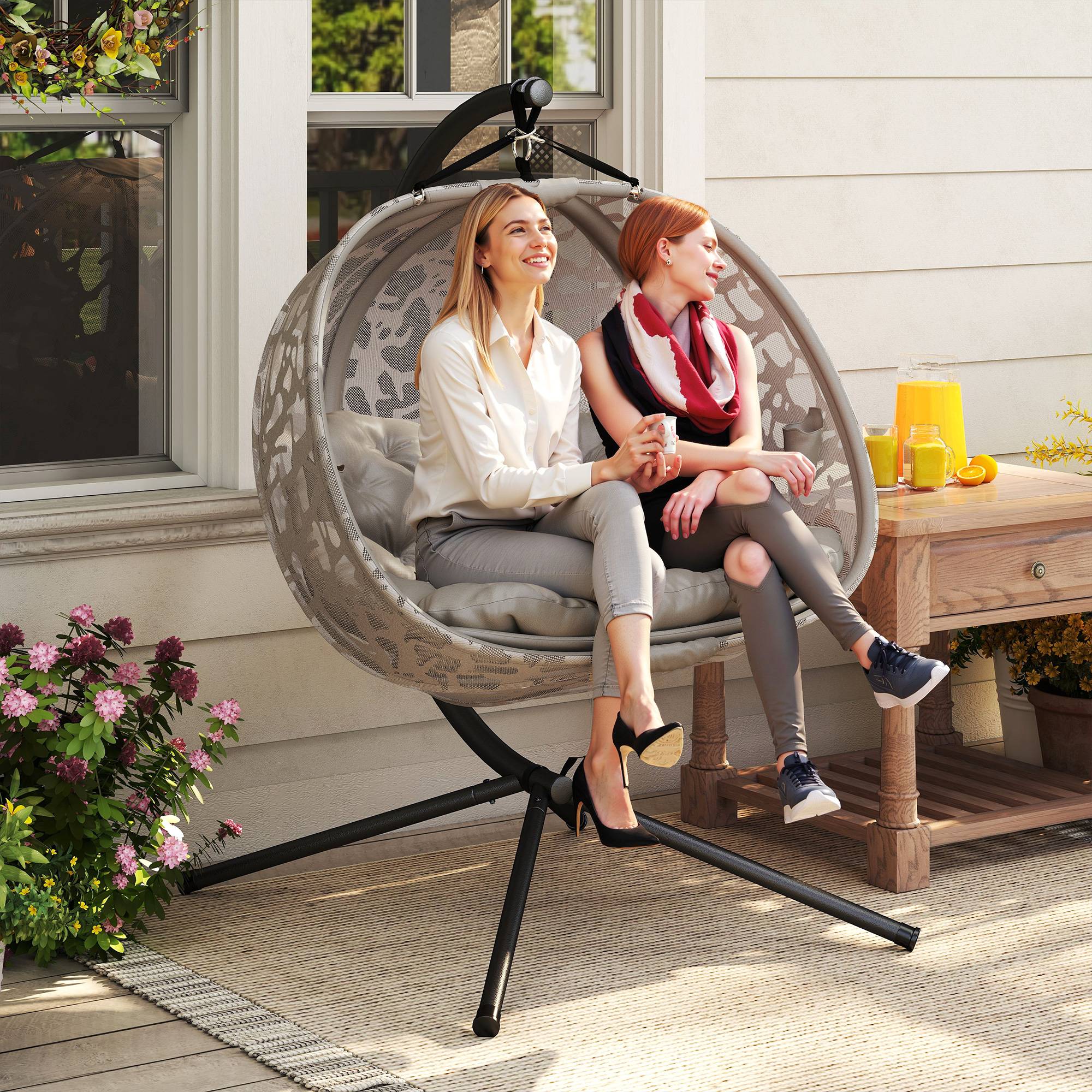 Fauteuil œuf suspendu acier 2 places toit pare-soleil panier pliable 126x126cm sable - ComfortXL Outdoor Living - Image 3
