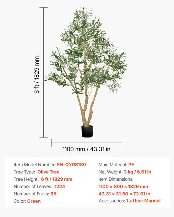 VEVOR Arbre Artificiel Plante Artificielle Faux Olivier 1,8 m Déco d'Intérieur - Image 7