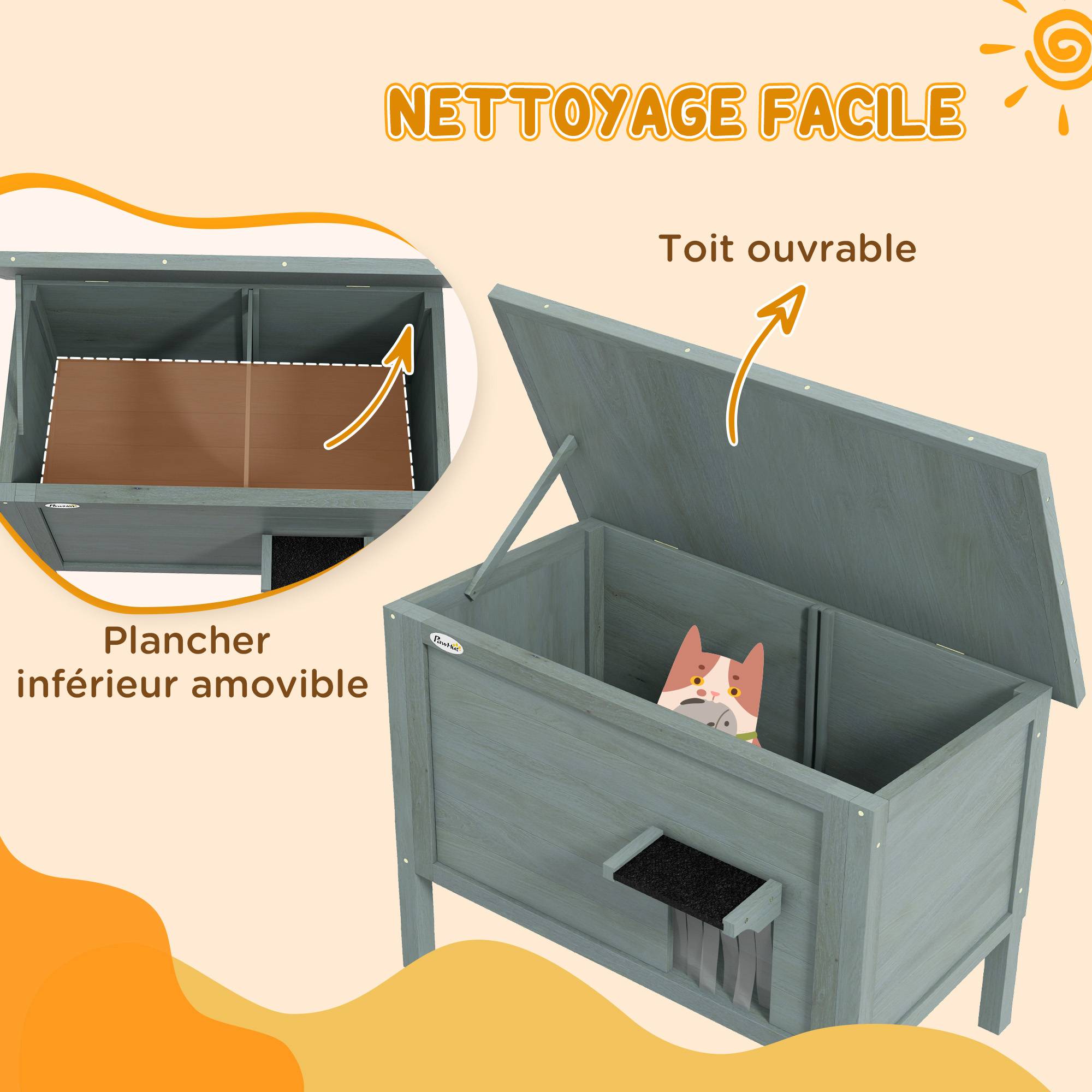 Sans Marque - Maison pour chats niche d'extérieur en bois surélevée avec toit ouvrable isolée 85 x 50 x 68,5 cm gris foncé et noir - Image 7