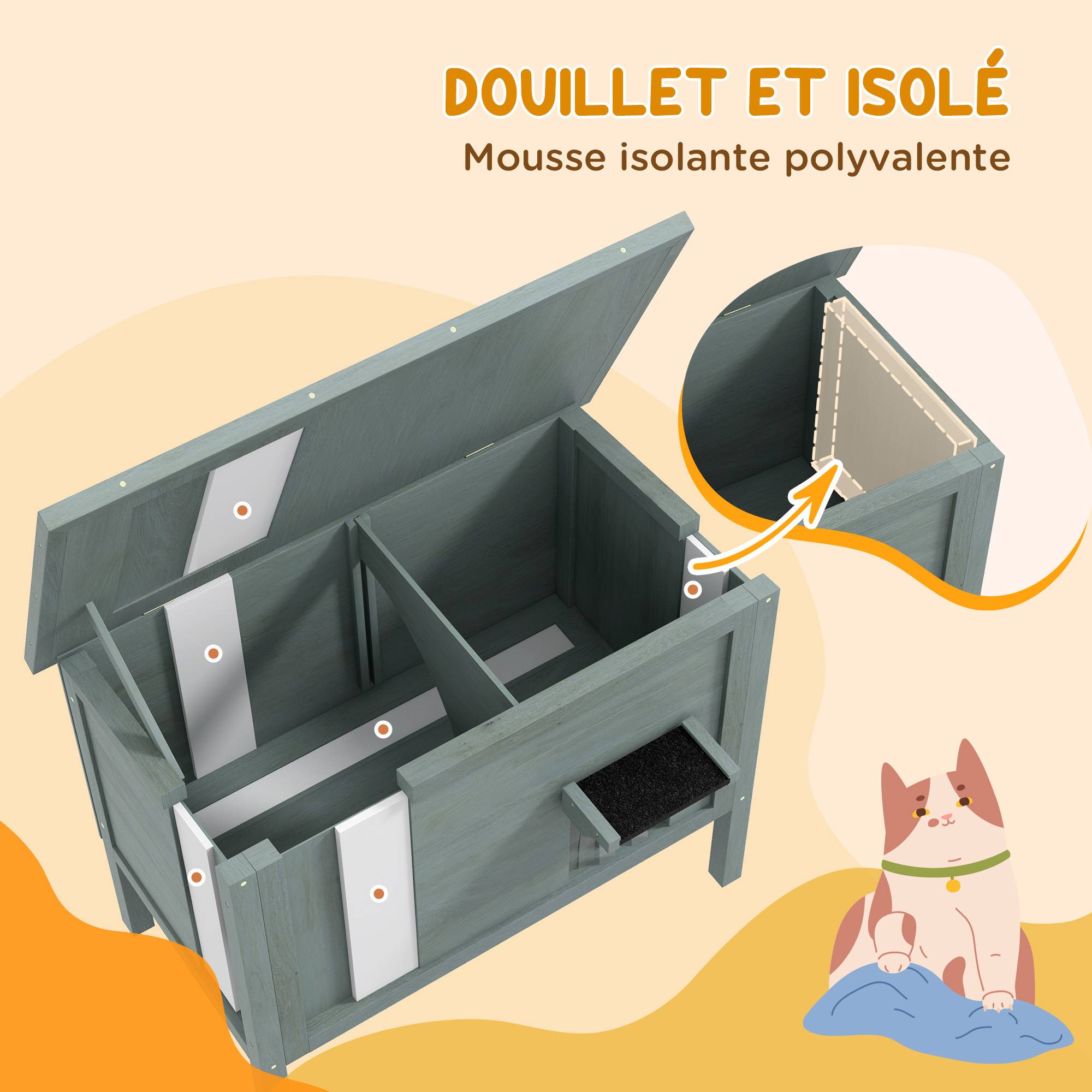 Sans Marque - Maison pour chats niche d'extérieur en bois surélevée avec toit ouvrable isolée 85 x 50 x 68,5 cm gris foncé et noir - Image 6