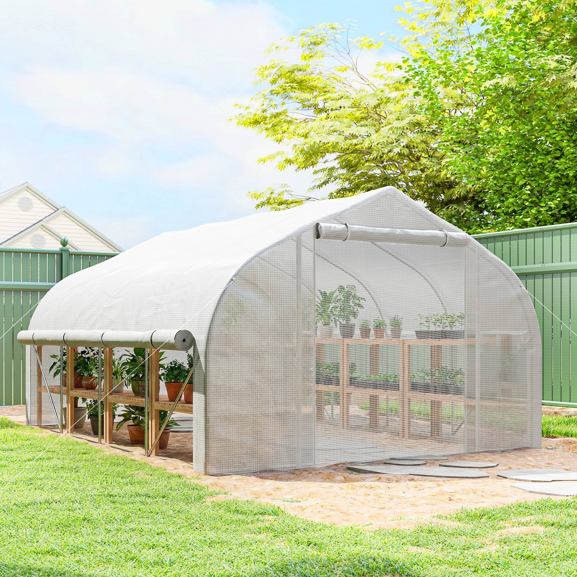Serre tunnel de jardin 12 m², serre de jardin tunnel avec porte et 8 fenêtres, bâche PE 140 g/m² 400 x 200 x 200cm blanc - Image 4